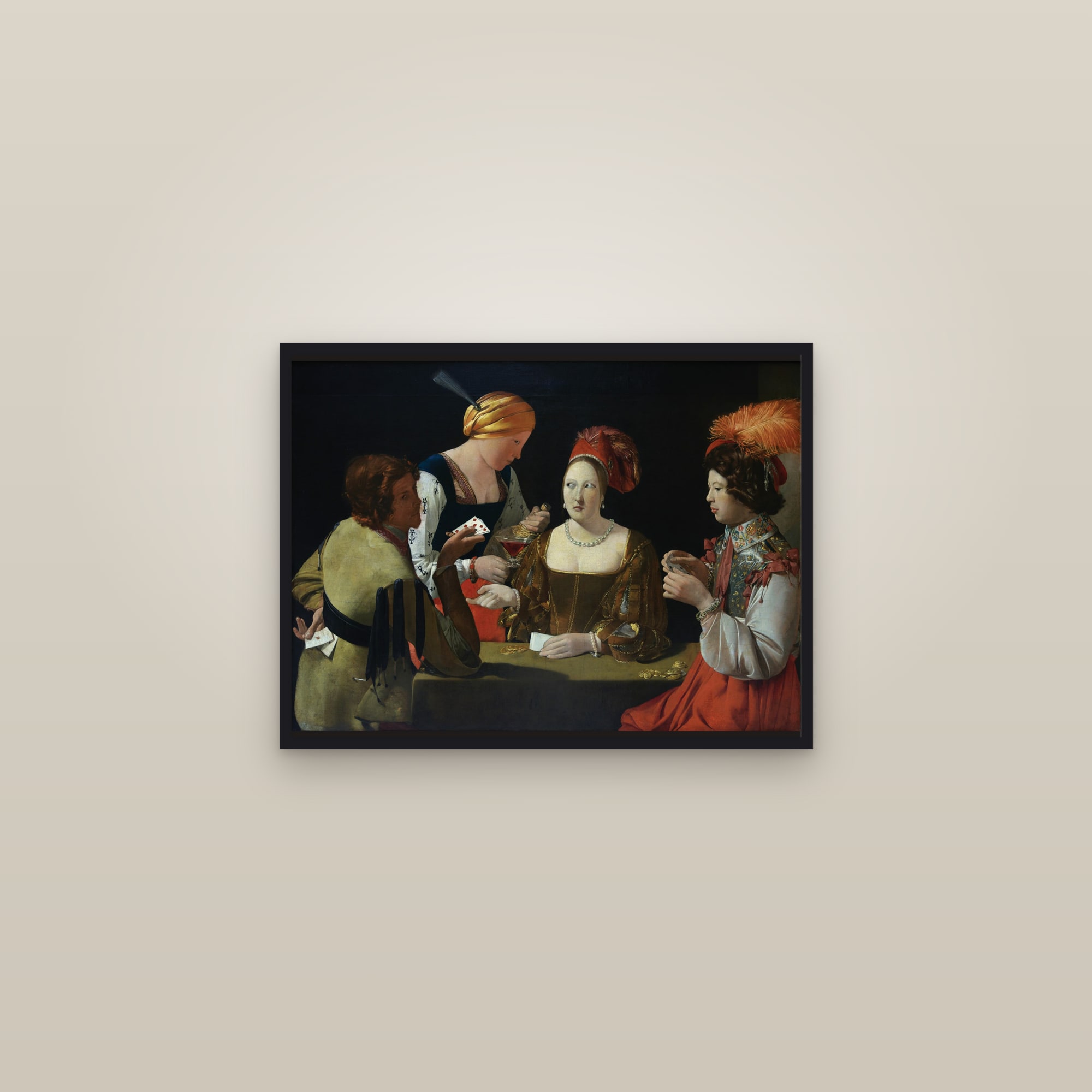The Cheat with the Ace of Diamonds (Full) — Full-Bleed Edition — framed in a gallery setting