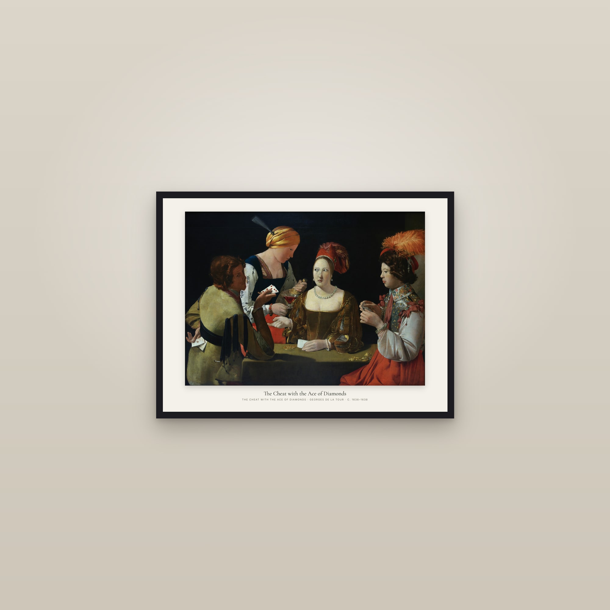 The Cheat with the Ace of Diamonds — framed in a gallery setting