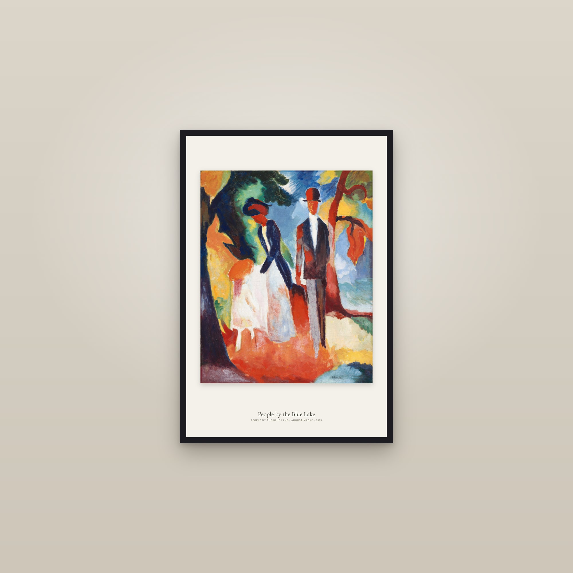 People by the Blue Lake — framed in a gallery setting