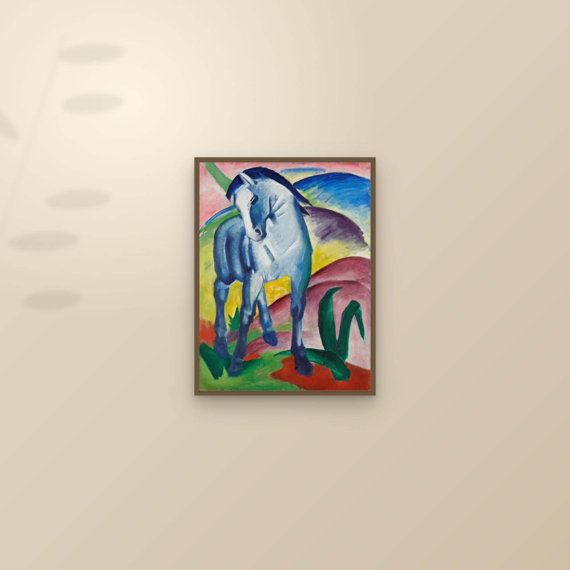 Blue Horse I (Full) — Full-Bleed Edition — framed and styled on a sunlit wall