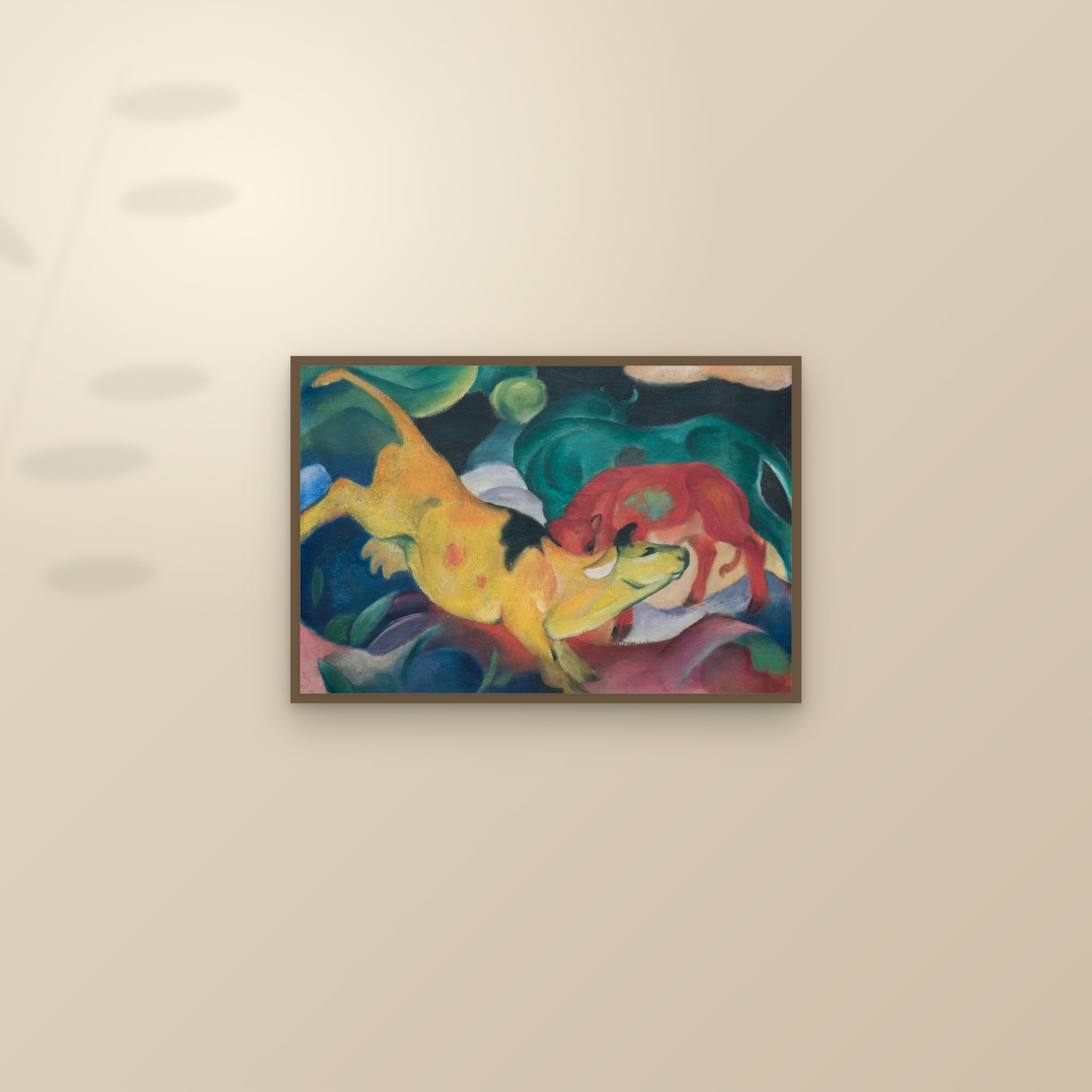 Cows, Red, Green, Yellow (Full) — Full-Bleed Edition — framed and styled on a sunlit wall