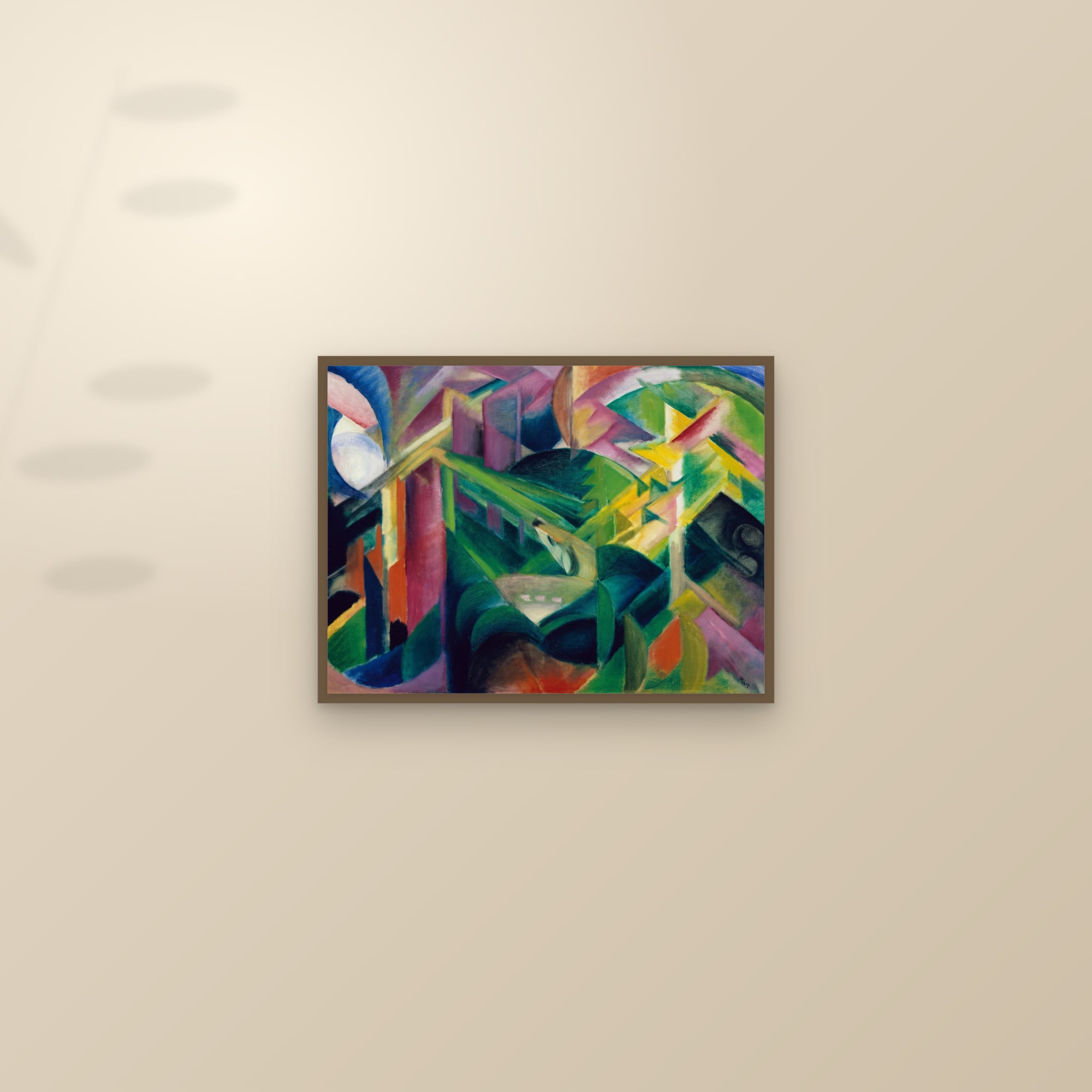 Deer in a Monastery Garden (Full) — Full-Bleed Edition — framed and styled on a sunlit wall