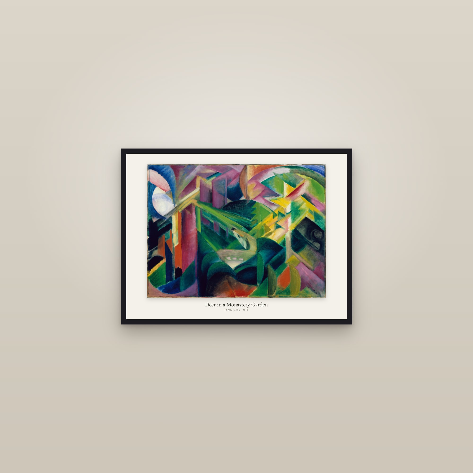 Deer in a Monastery Garden — framed in a gallery setting