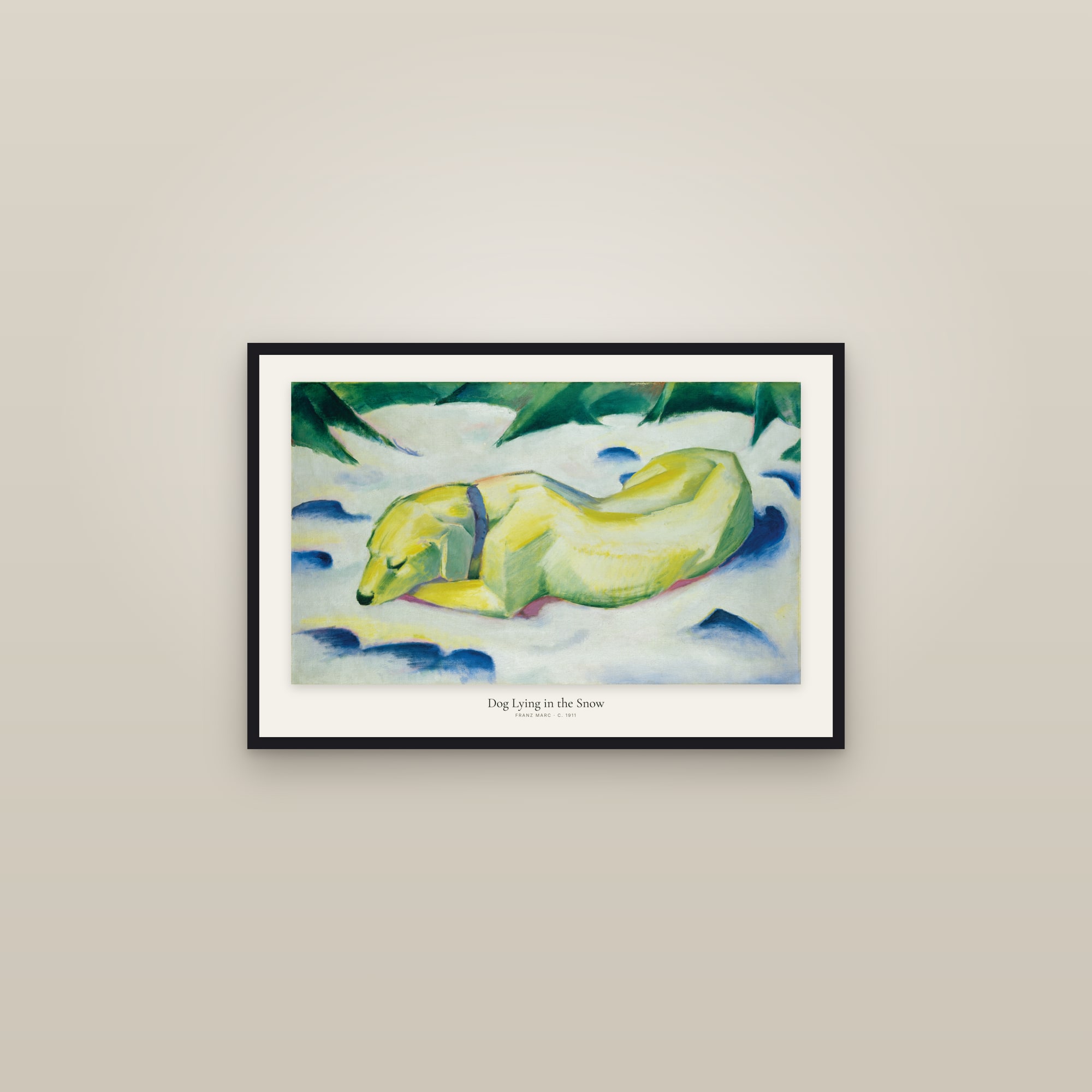 Dog Lying in the Snow — framed in a gallery setting