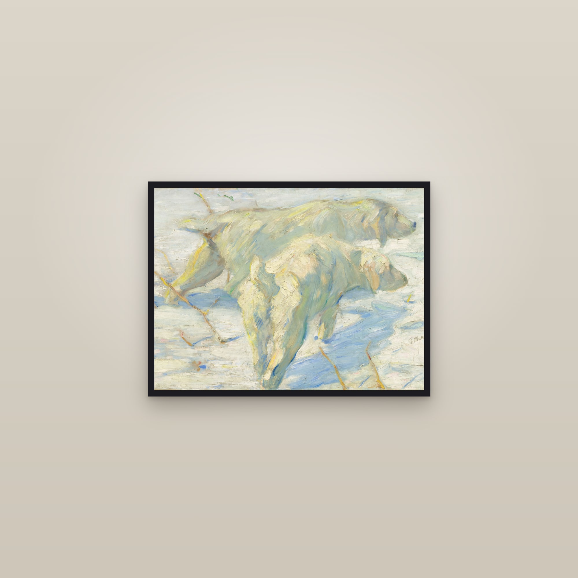 Siberian Dogs in the Snow (Full) — Full-Bleed Edition — framed in a gallery setting