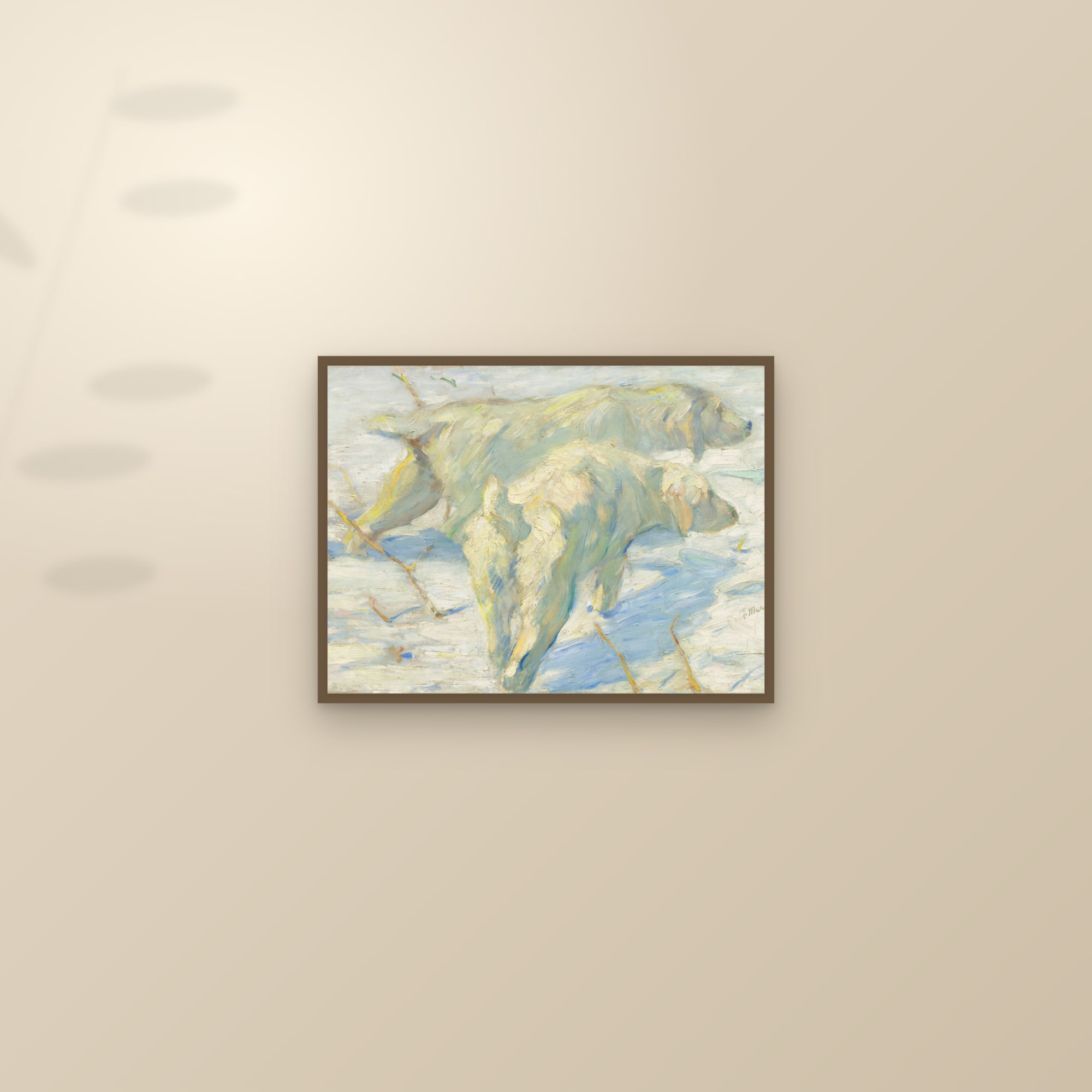 Siberian Dogs in the Snow (Full) — Full-Bleed Edition — framed and styled on a sunlit wall