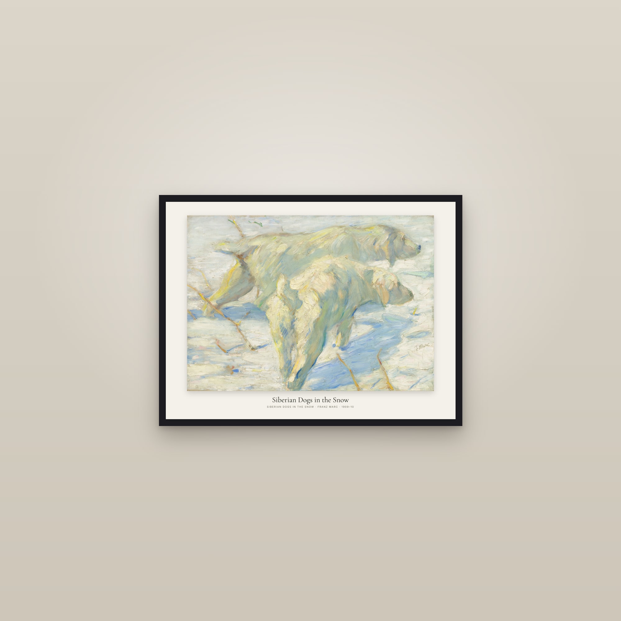 Siberian Dogs in the Snow — framed in a gallery setting