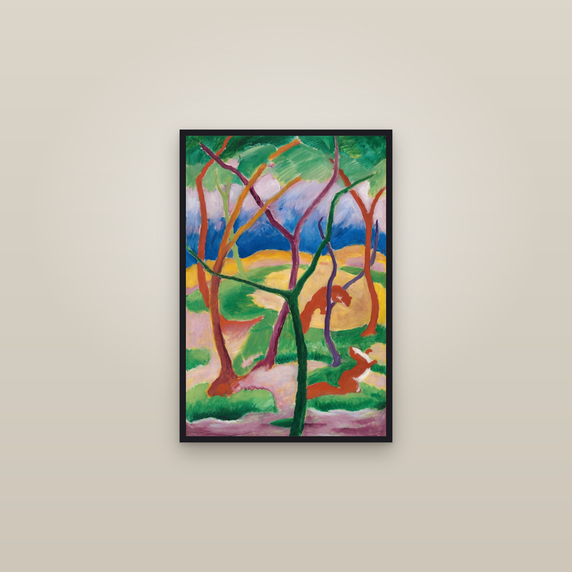 Weasels at Play (Full) — Full-Bleed Edition — framed in a gallery setting