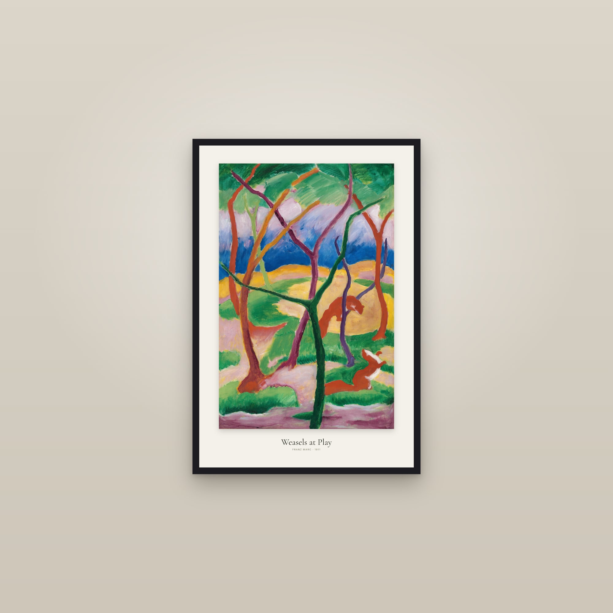 Weasels at Play — framed in a gallery setting