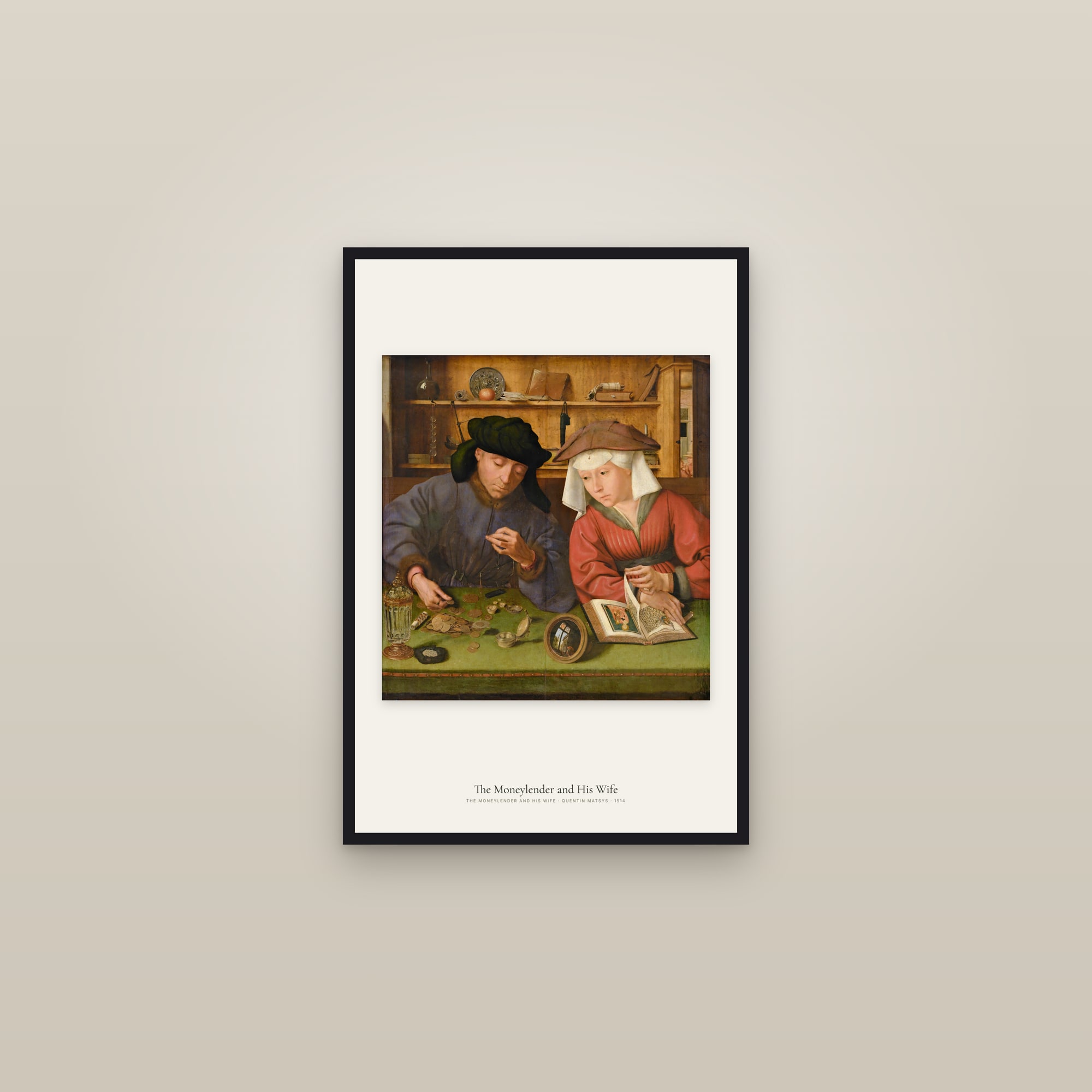 The Moneylender and His Wife — framed in a gallery setting