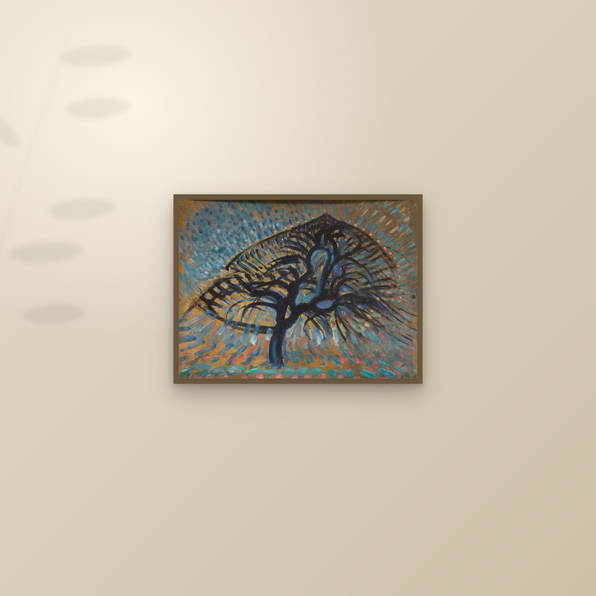 Apple Tree, Pointillist Version (Full) — Full-Bleed Edition — framed and styled on a sunlit wall