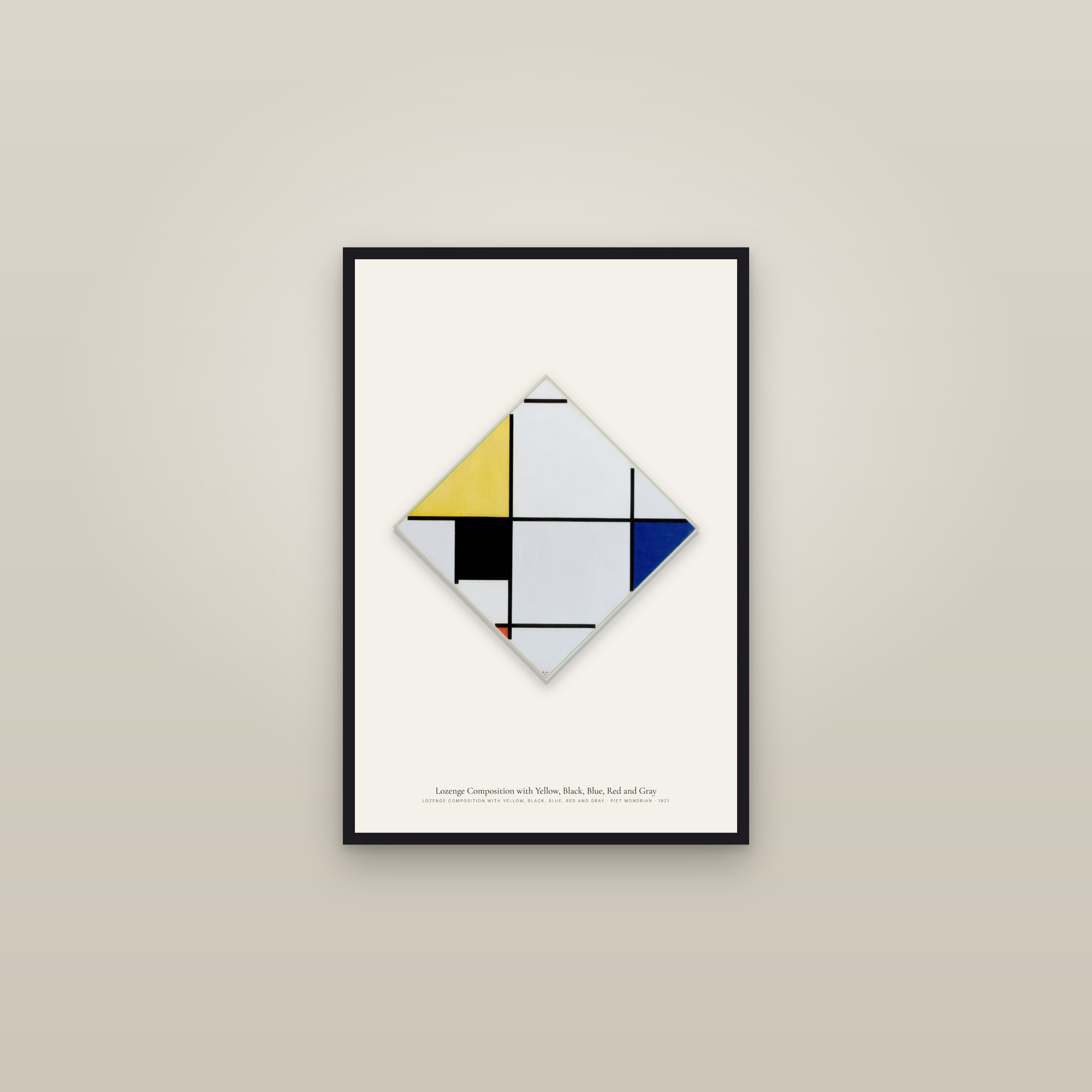 Lozenge Composition with Yellow, Black, Blue, Red and Gray — framed in a gallery setting