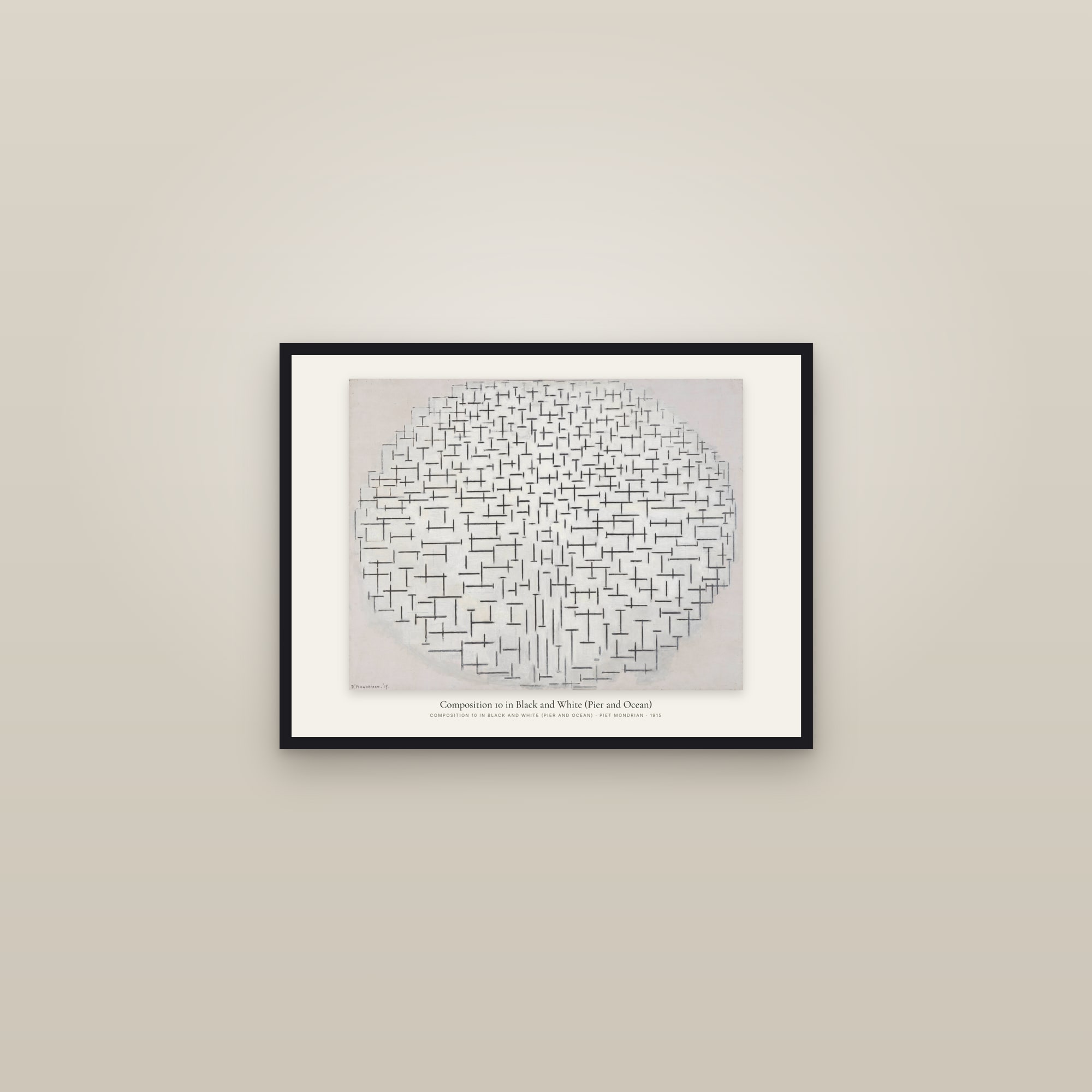 Composition 10 in Black and White (Pier and Ocean) — framed in a gallery setting