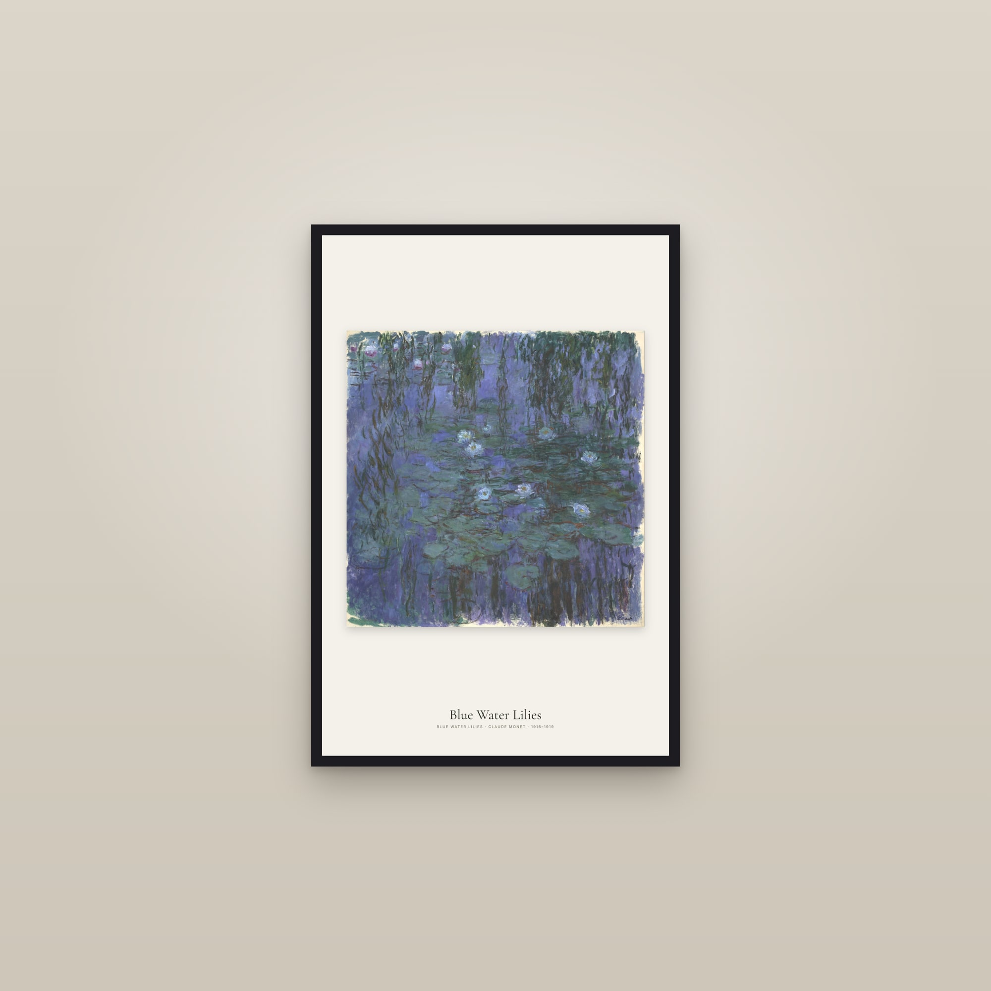 Blue Water Lilies — framed in a gallery setting