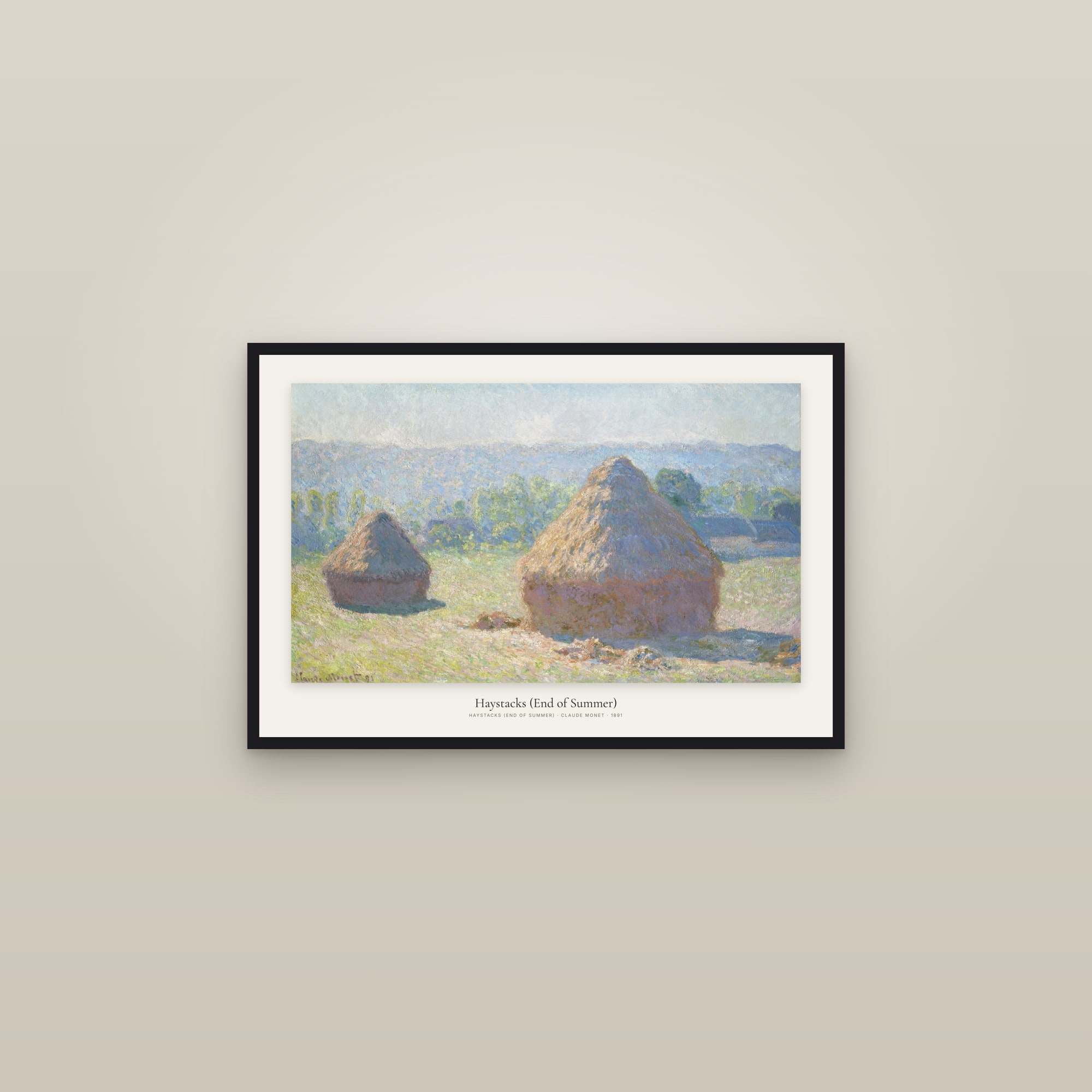 Haystacks (End of Summer) — framed in a gallery setting