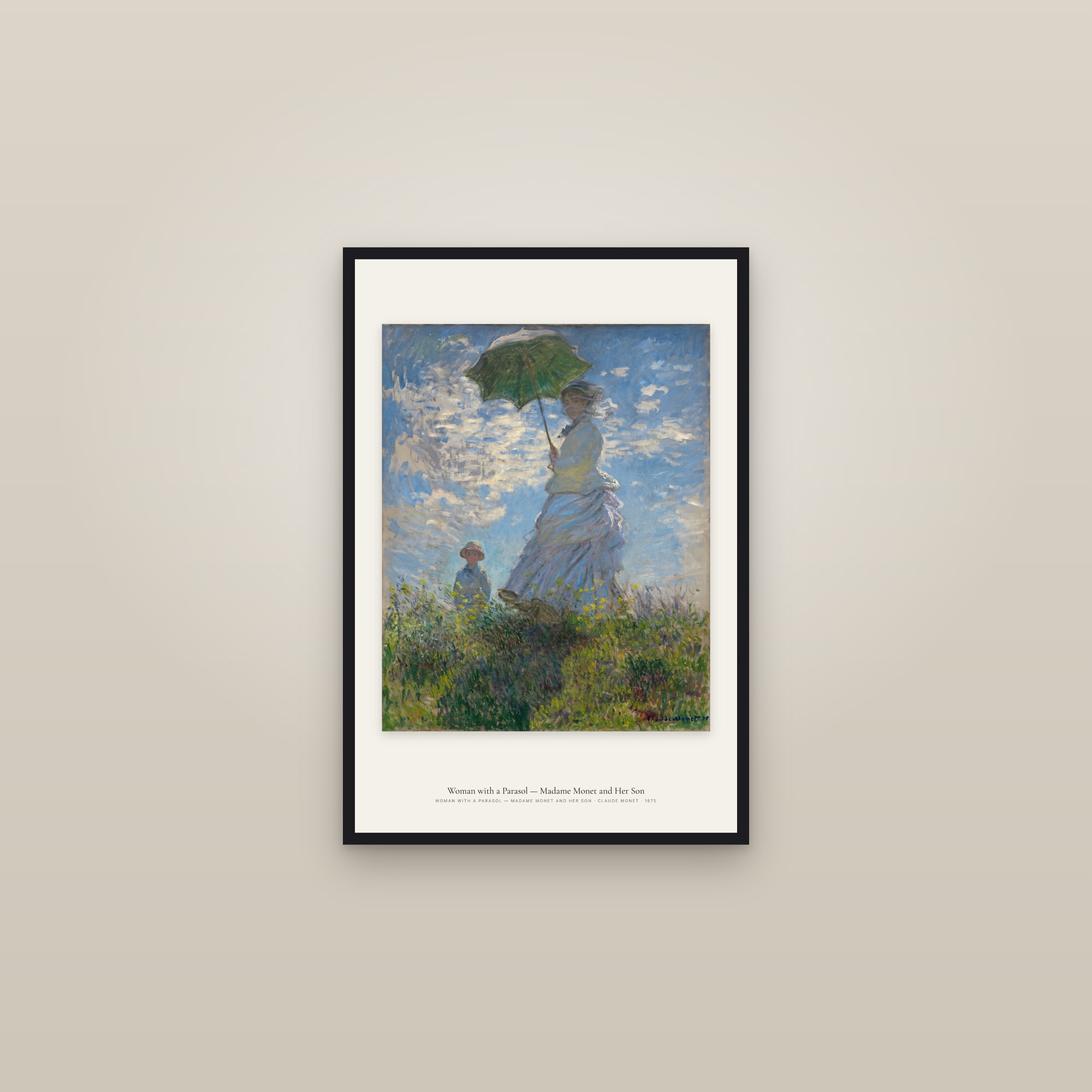 Woman with a Parasol — Madame Monet and Her Son — framed in a gallery setting