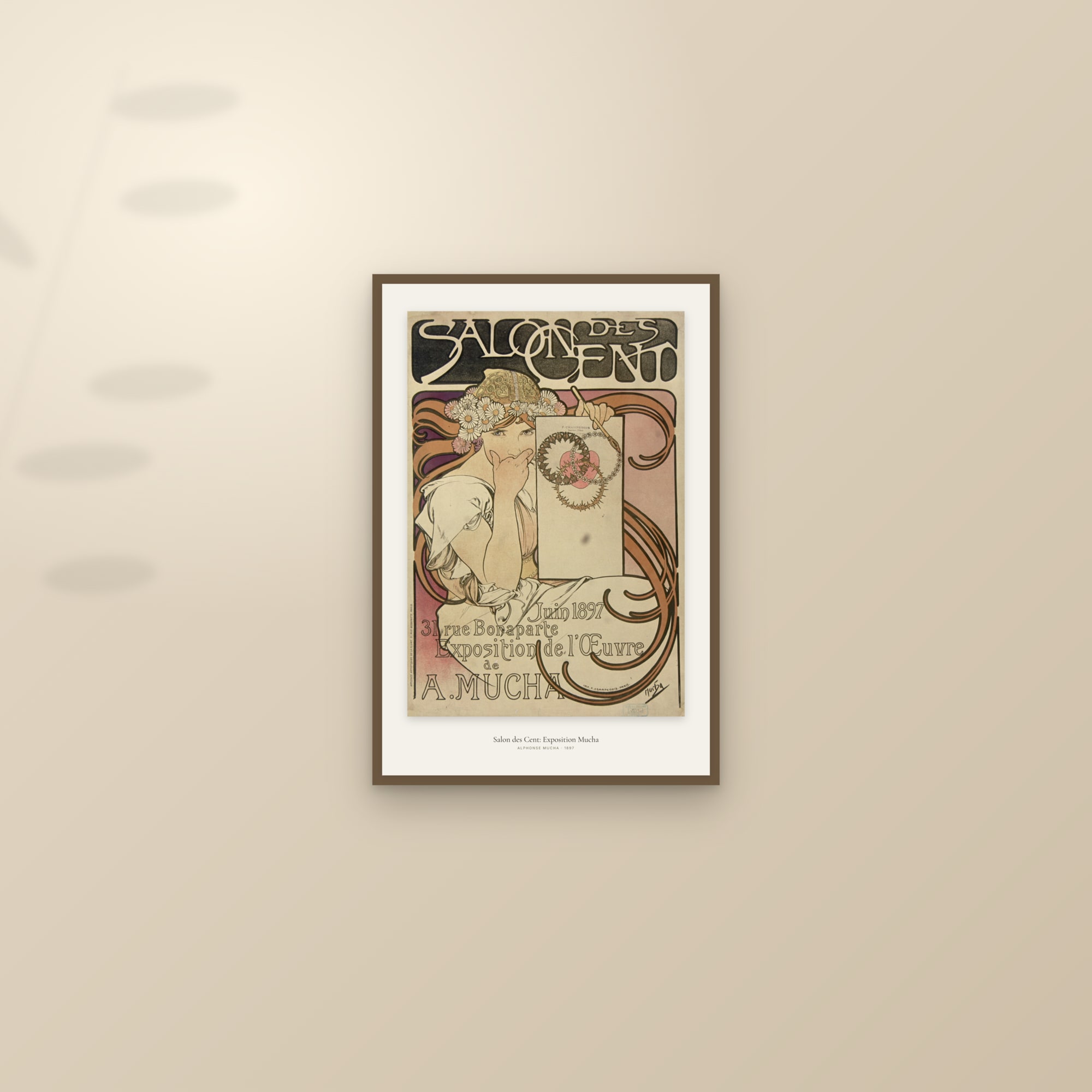 Salon des Cent: Exposition Mucha — framed and styled on a sunlit wall