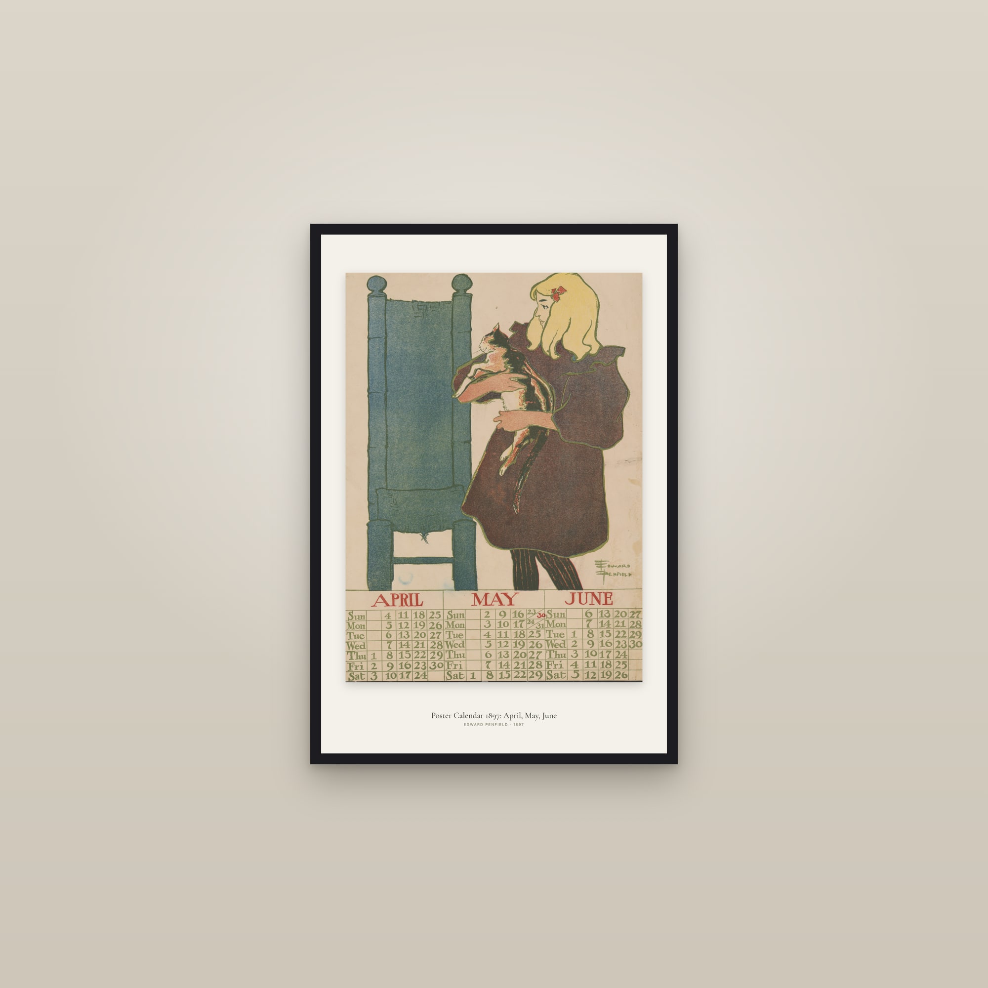 Poster Calendar 1897: April, May, June — framed in a gallery setting