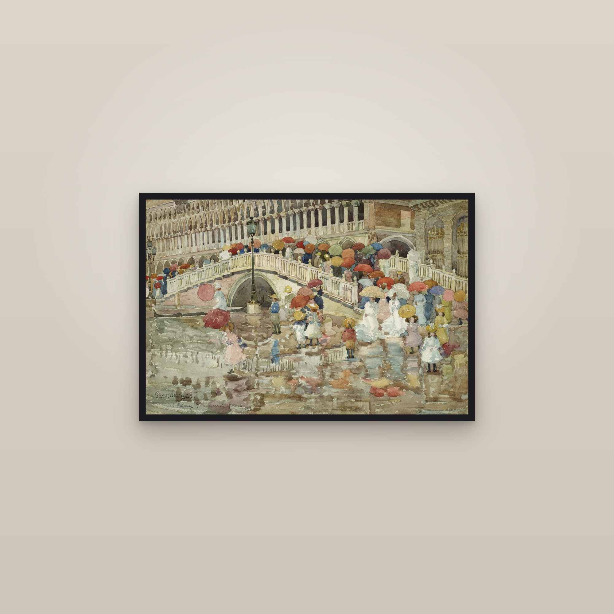 Umbrellas in the Rain (Full) — Full-Bleed Edition — framed in a gallery setting
