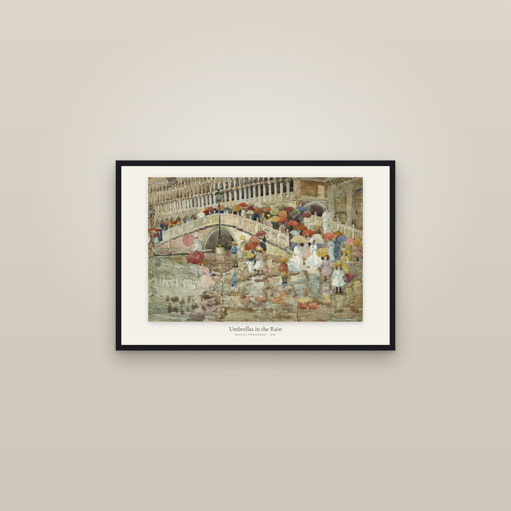 Umbrellas in the Rain — framed in a gallery setting