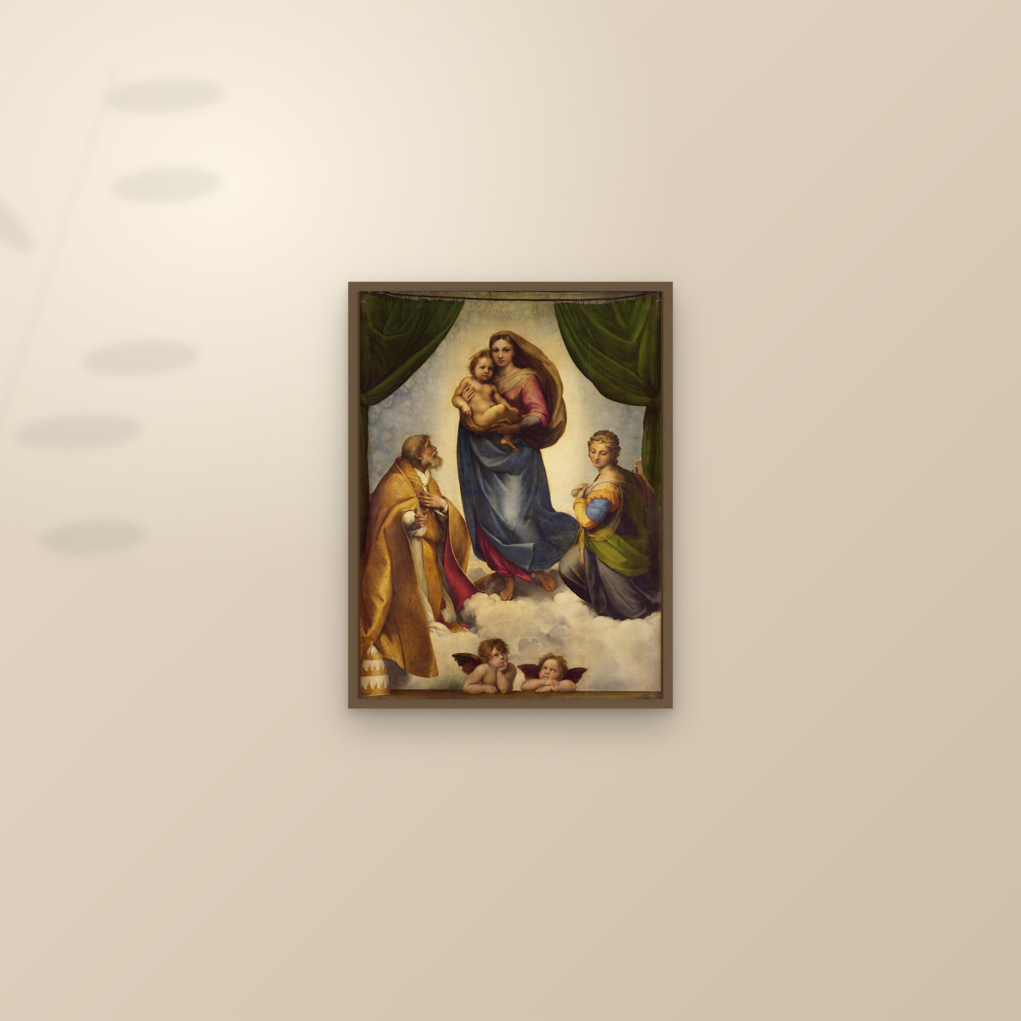 The Sistine Madonna (Full) — Full-Bleed Edition — framed and styled on a sunlit wall