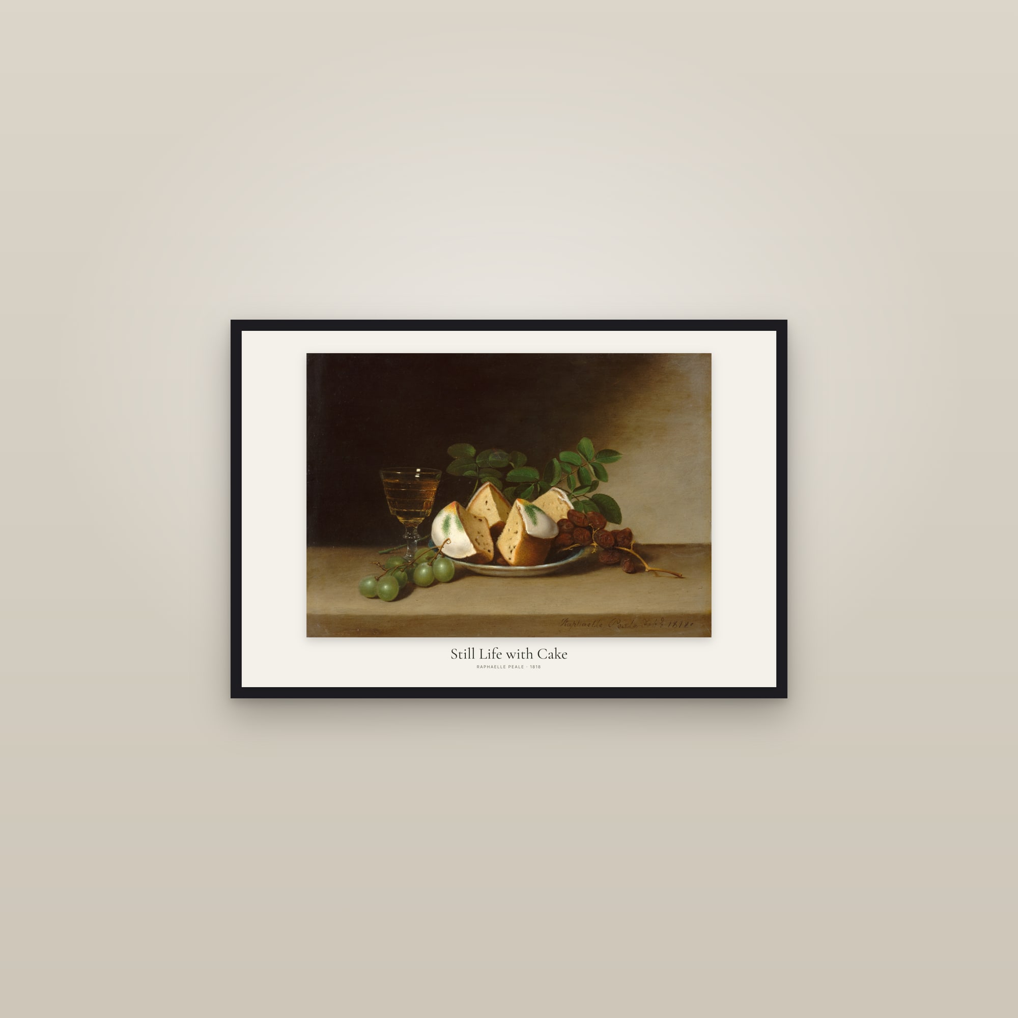 Still Life with Cake — framed in a gallery setting