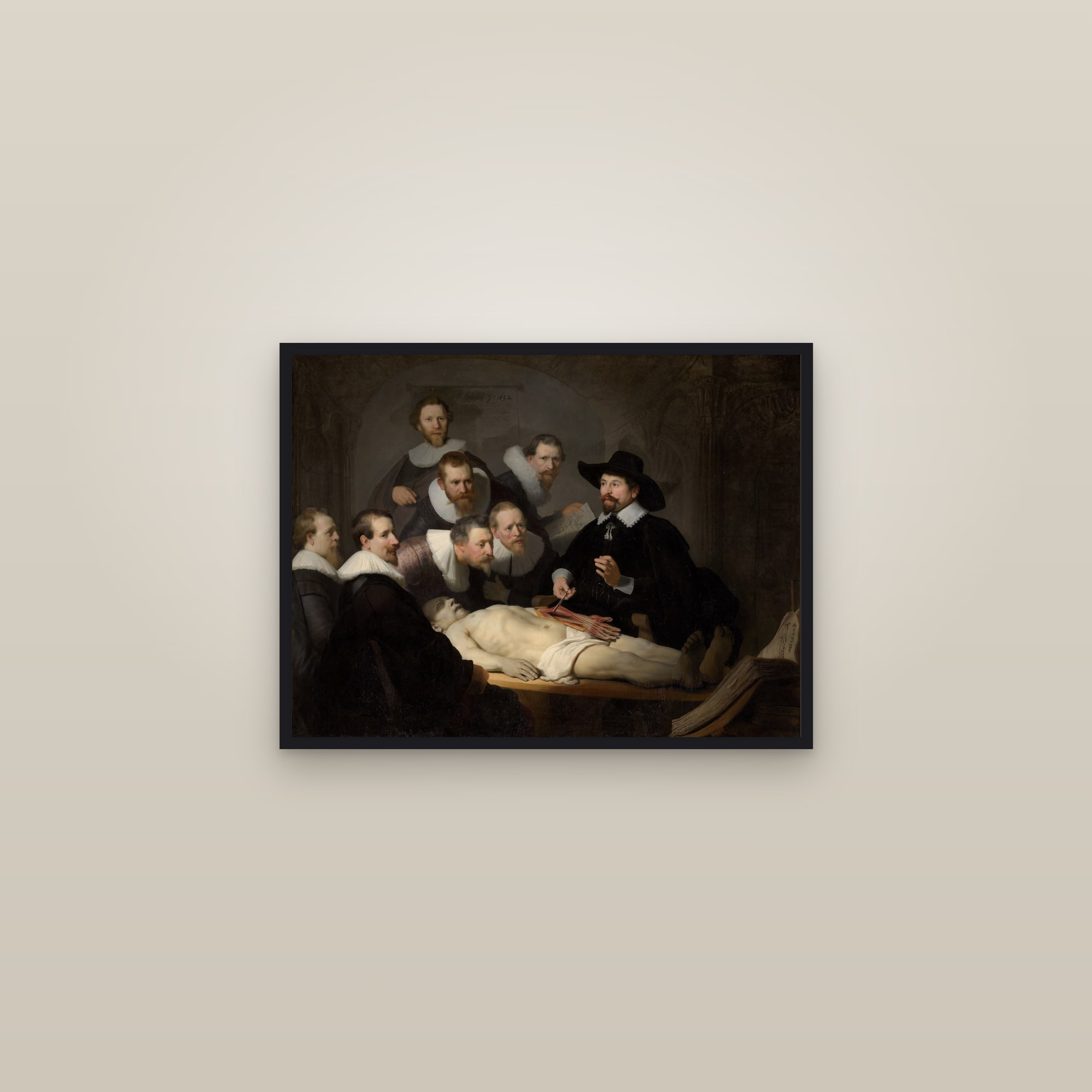 The Anatomy Lesson of Dr. Nicolaes Tulp (Full) — Full-Bleed Edition — framed in a gallery setting