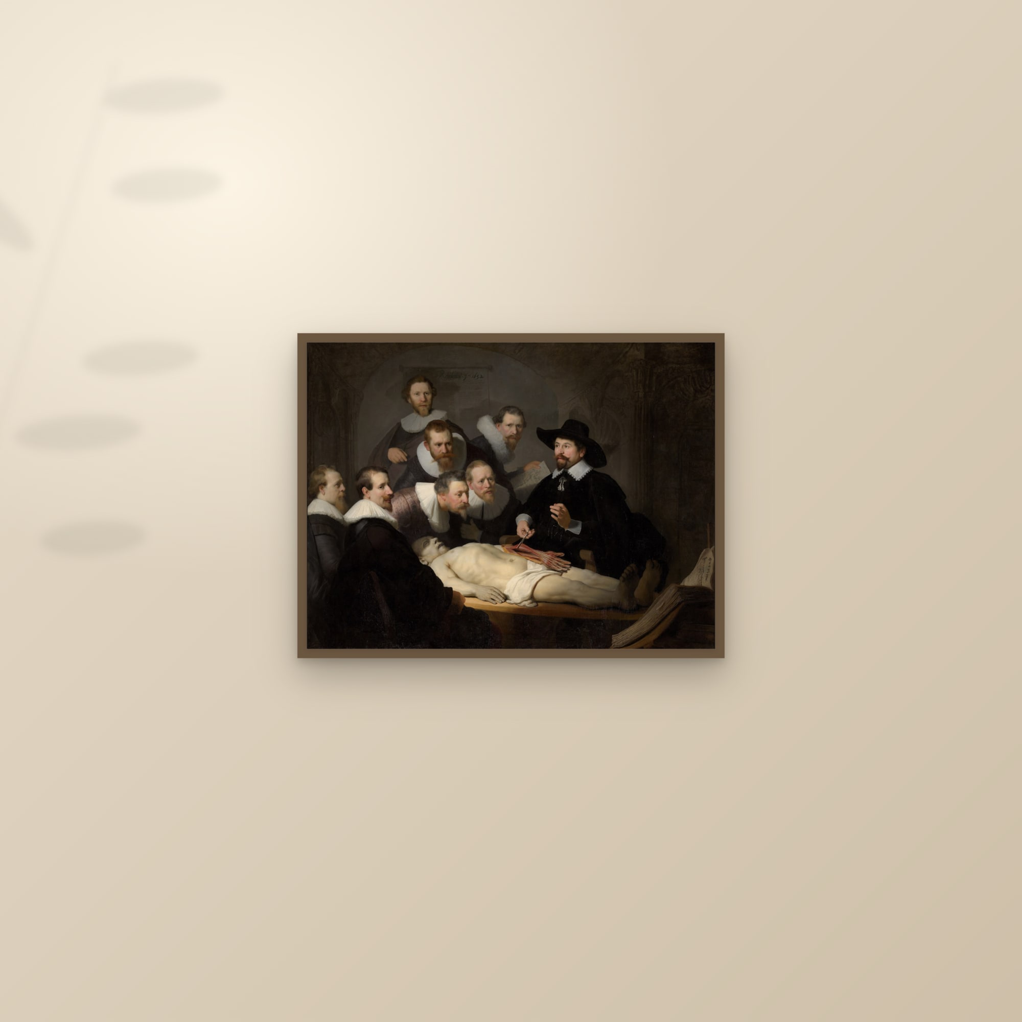 The Anatomy Lesson of Dr. Nicolaes Tulp (Full) — Full-Bleed Edition — framed and styled on a sunlit wall