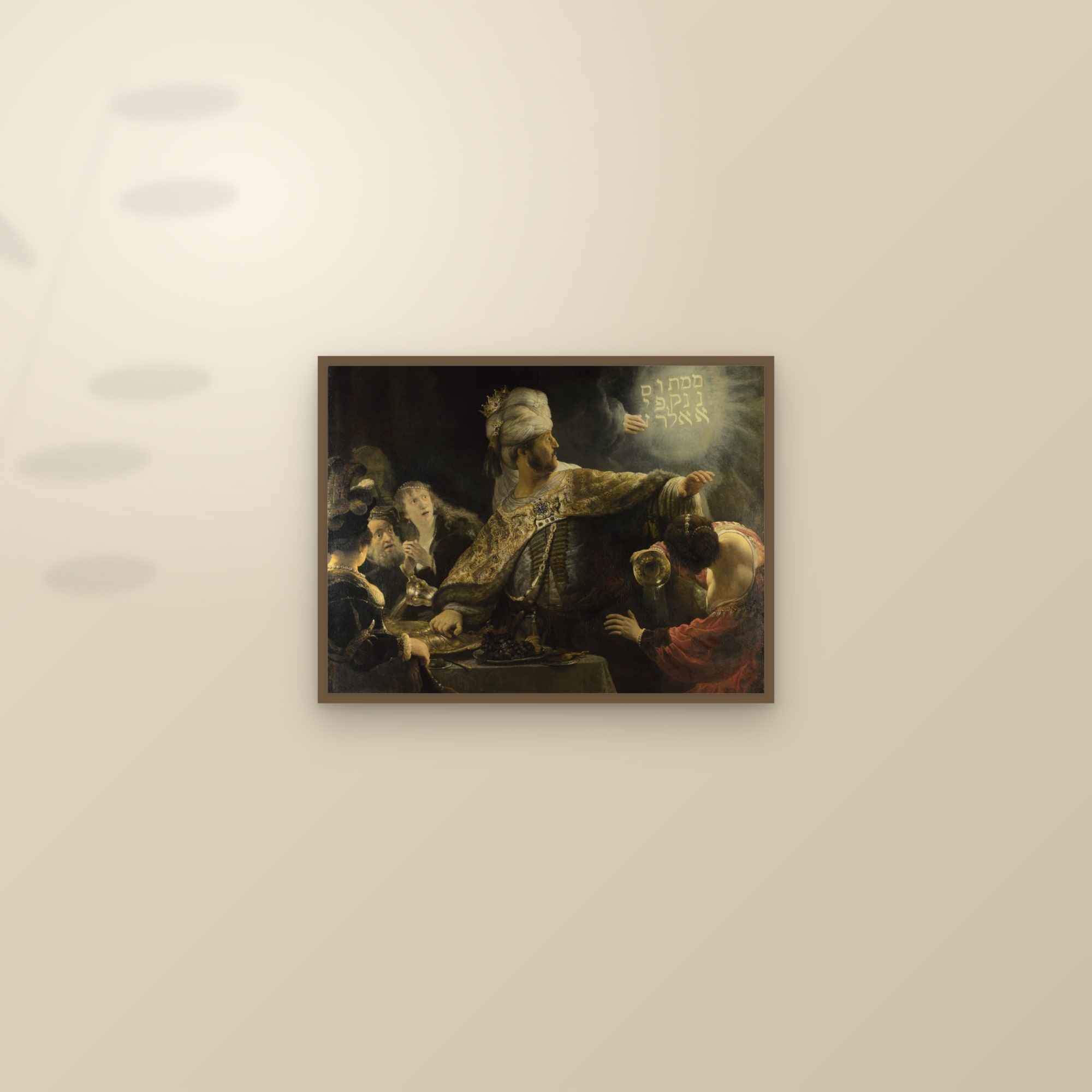 Belshazzar's Feast (Rembrandt Full) — Full-Bleed Edition — framed and styled on a sunlit wall
