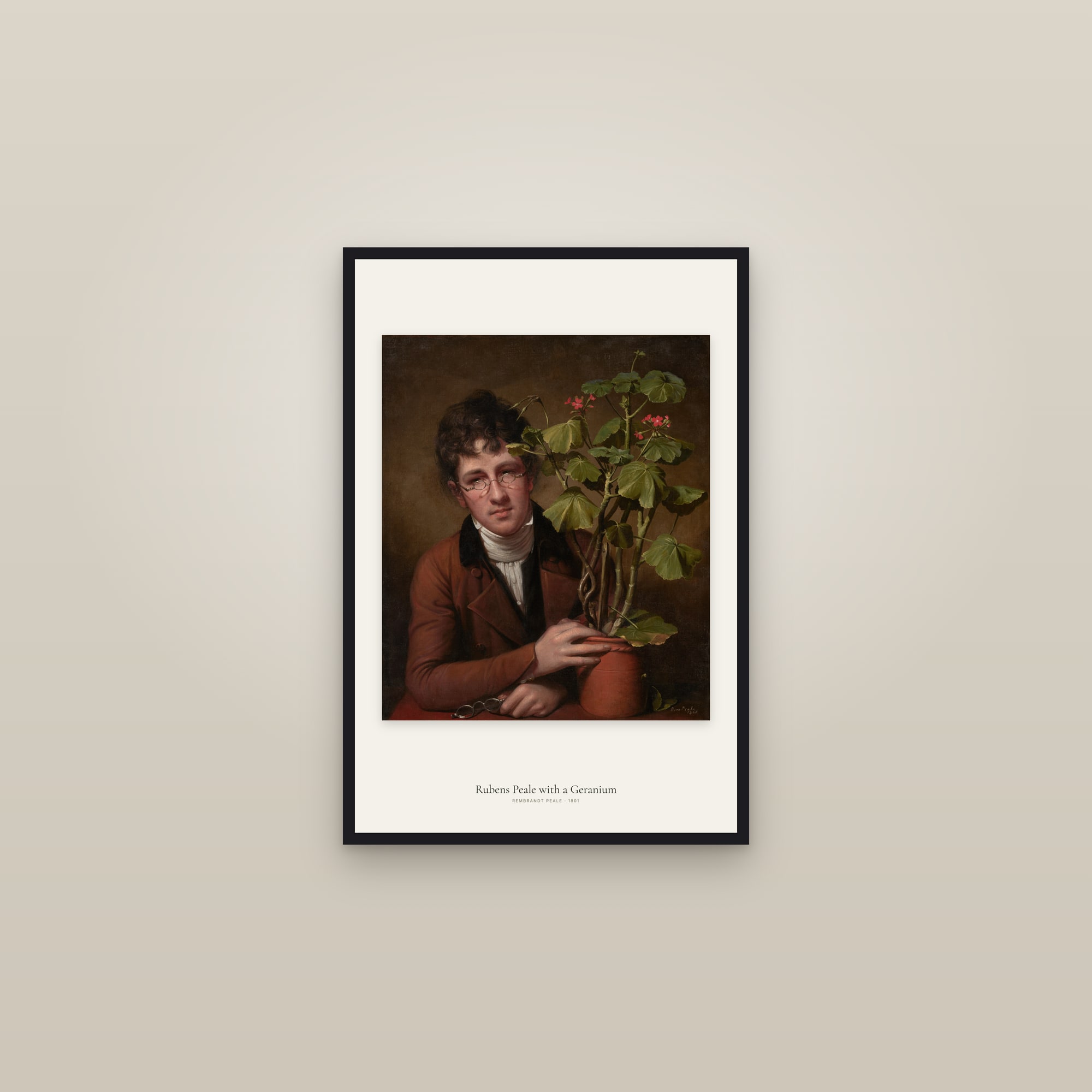 Rubens Peale with a Geranium — framed in a gallery setting