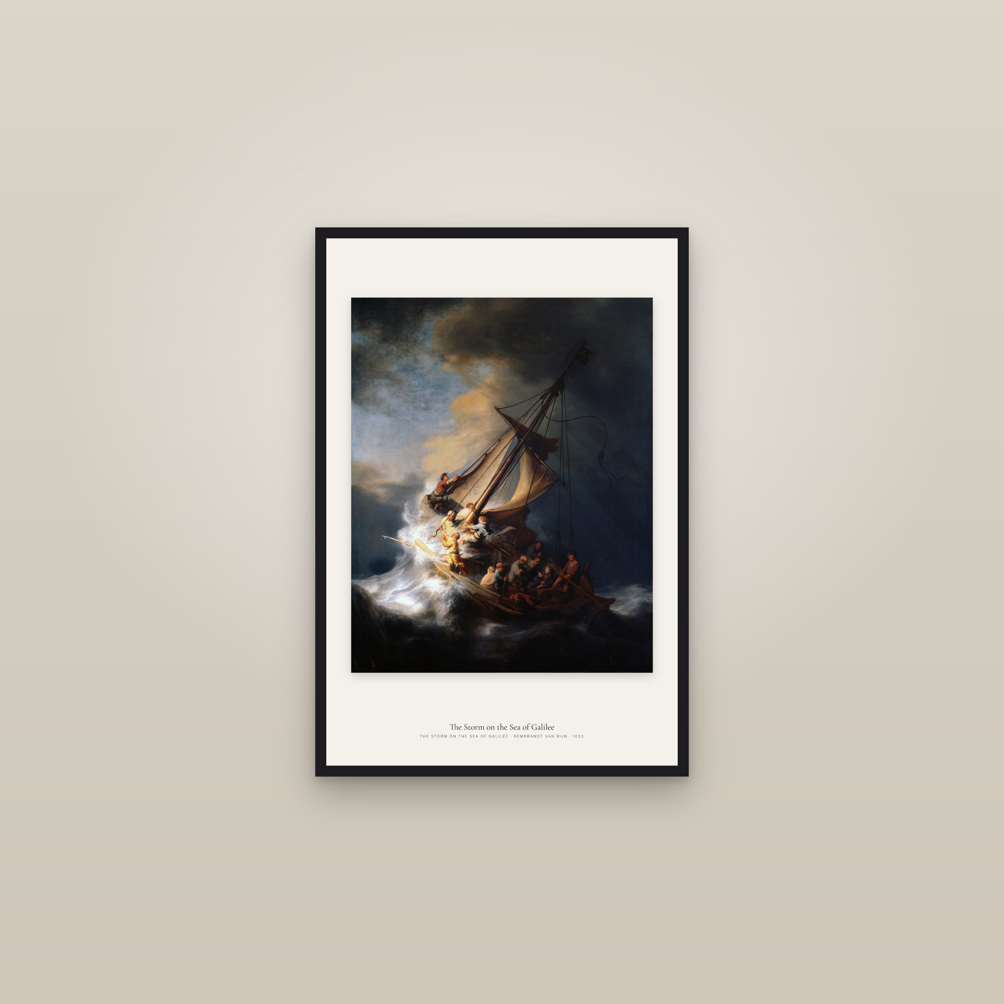 The Storm on the Sea of Galilee — framed in a gallery setting