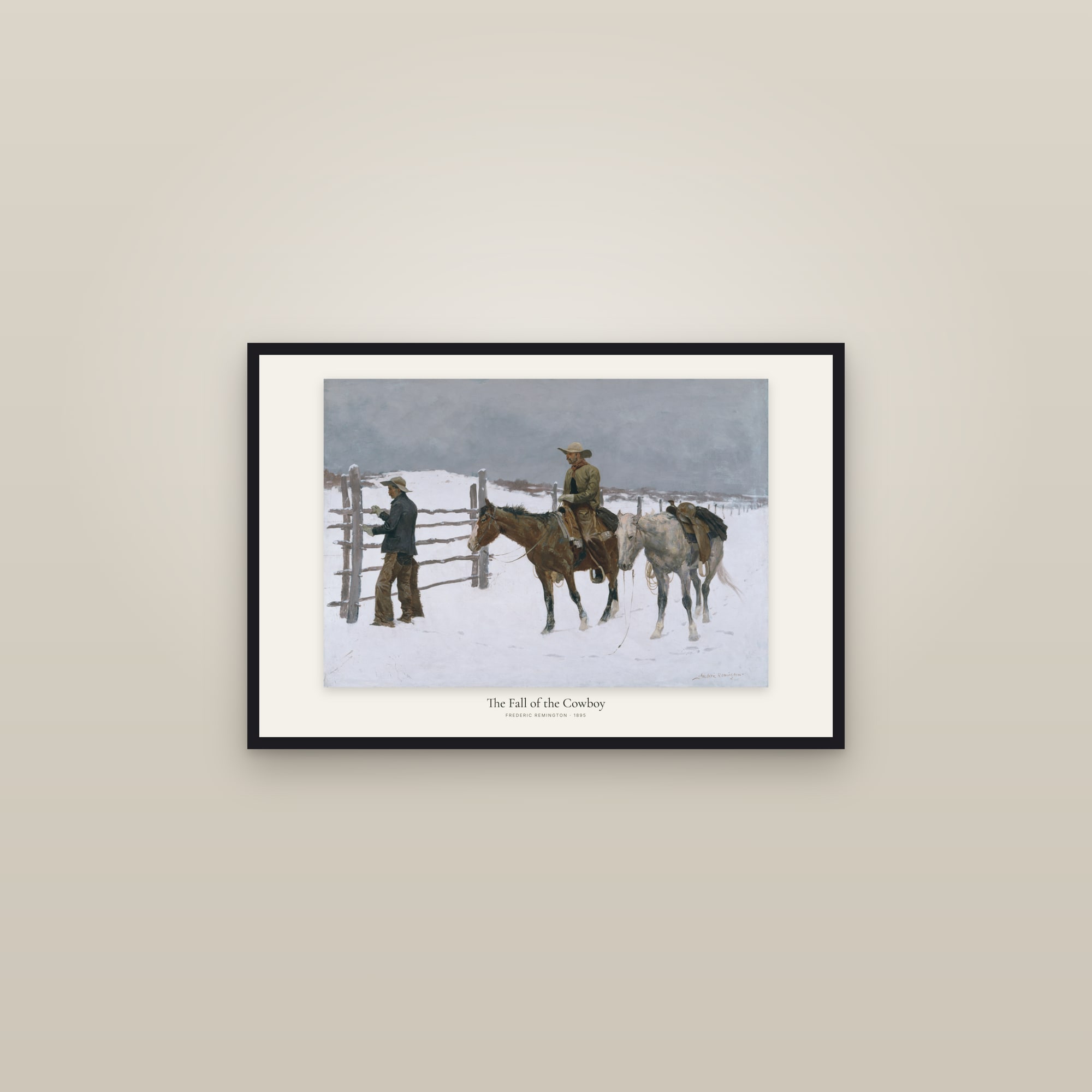 The Fall of the Cowboy — framed in a gallery setting
