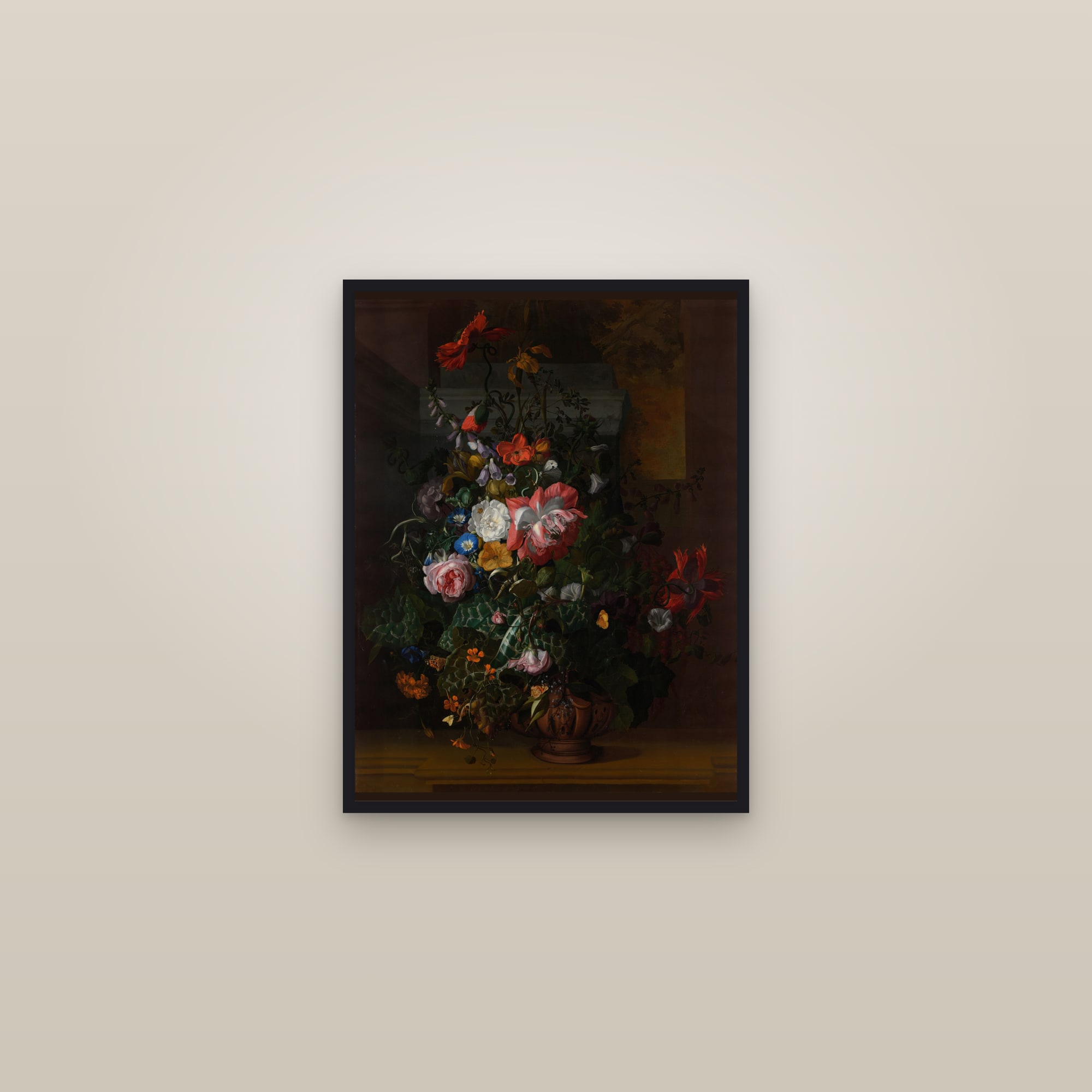 Roses, Convolvulus, Poppies and Other Flowers in an Urn on a Stone Ledge (Full) — Full-Bleed Edition — framed in a gallery setting