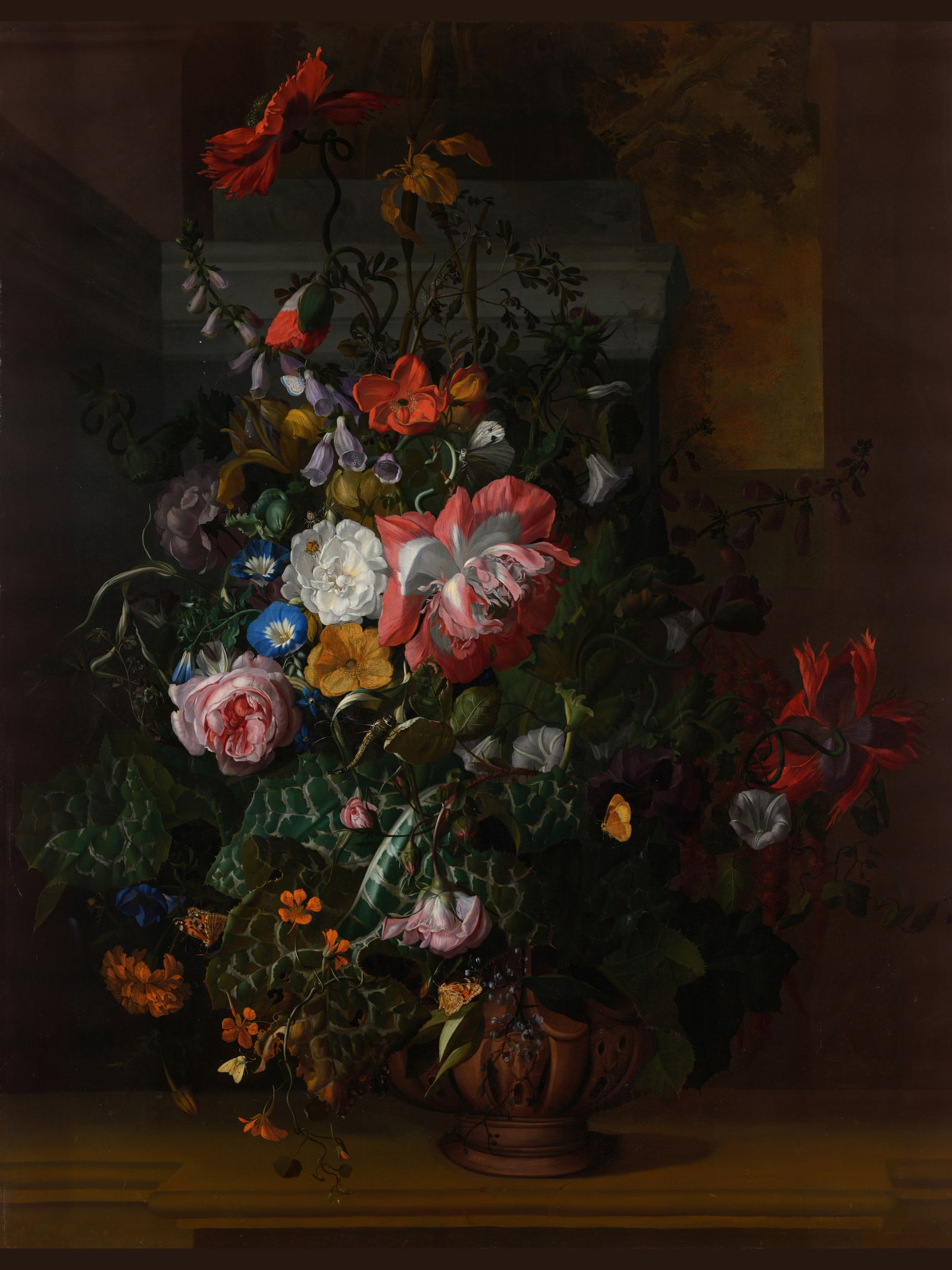 Roses, Convolvulus, Poppies and Other Flowers in an Urn on a Stone Ledge (Full) — Full-Bleed Edition