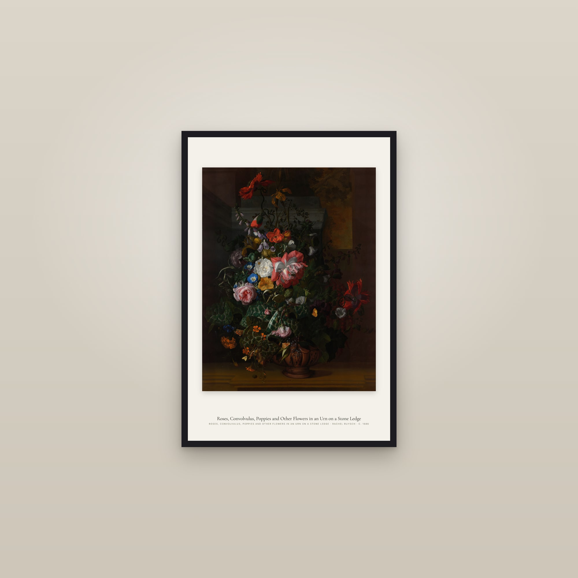 Roses, Convolvulus, Poppies and Other Flowers in an Urn on a Stone Ledge
