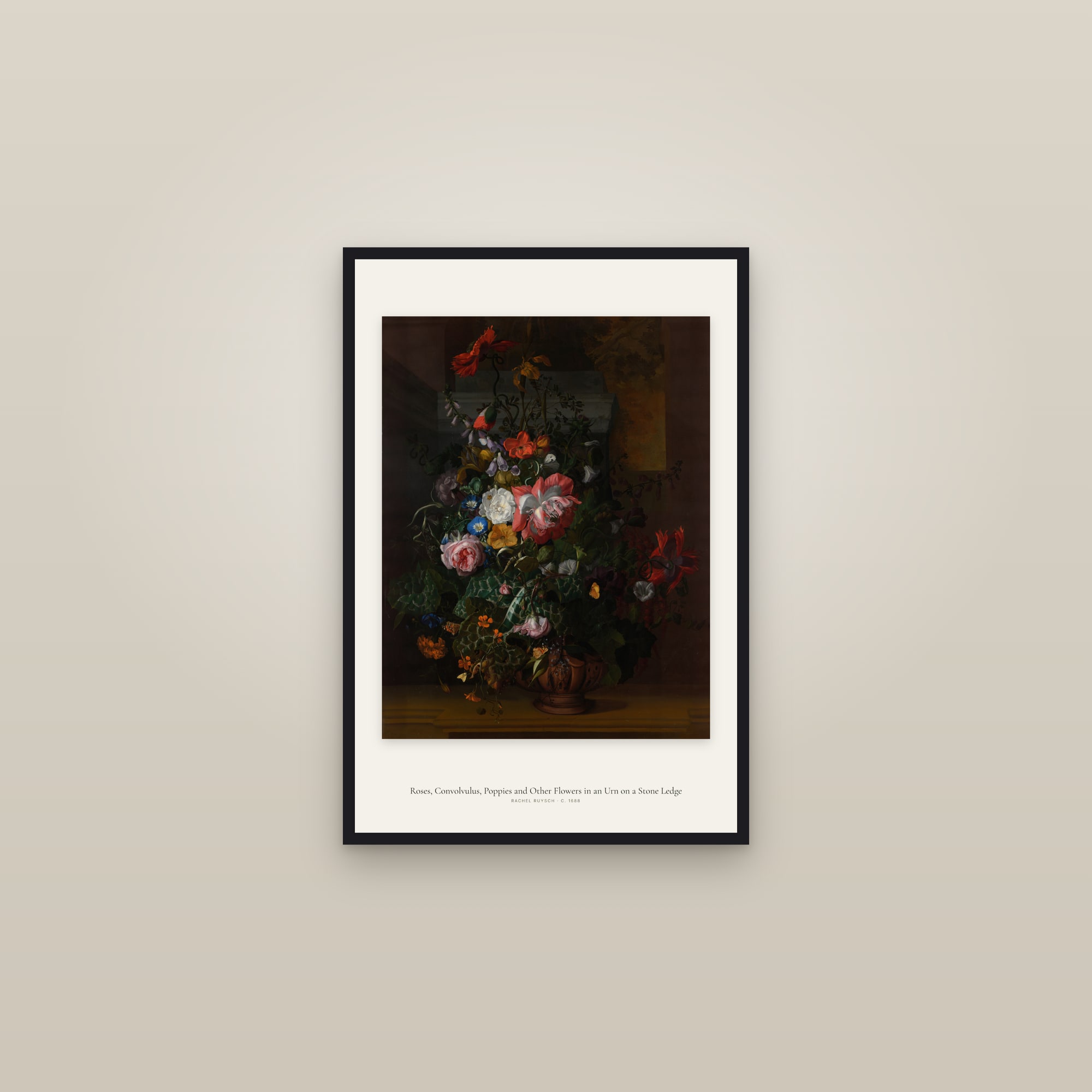 Roses, Convolvulus, Poppies and Other Flowers in an Urn on a Stone Ledge