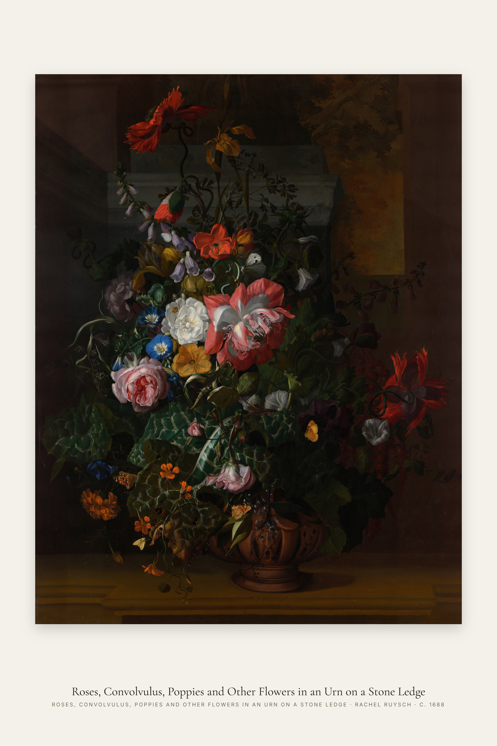 Roses, Convolvulus, Poppies and Other Flowers in an Urn on a Stone Ledge