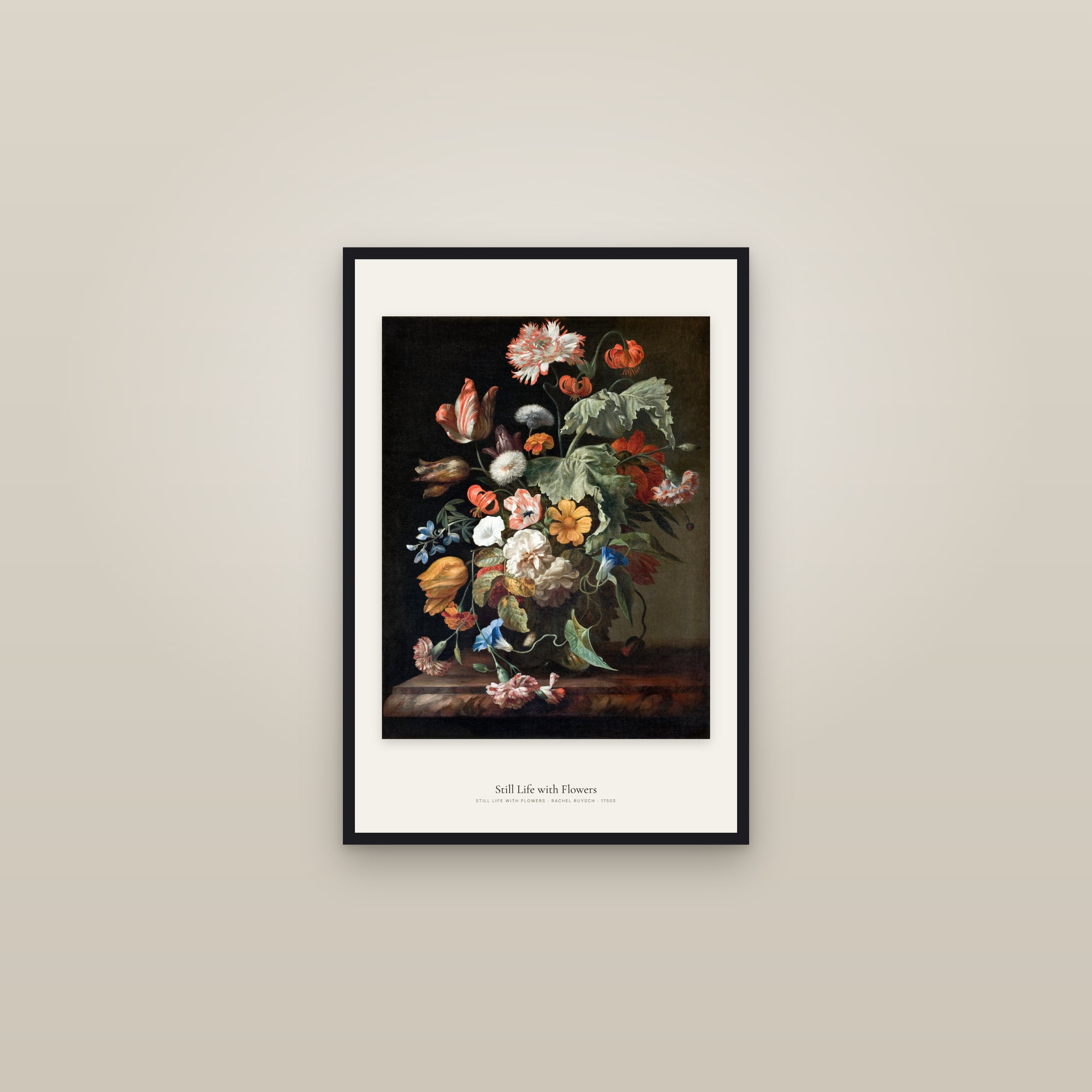 Still Life with Flowers — framed in a gallery setting