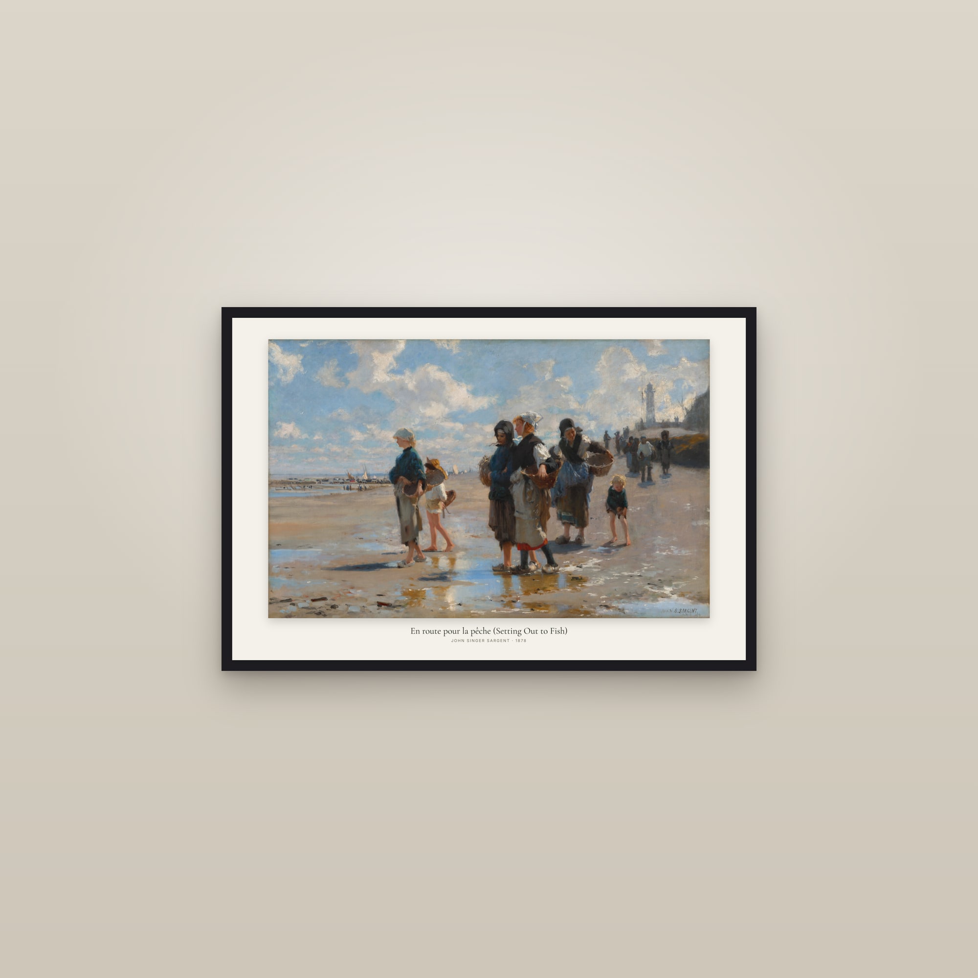 En route pour la pêche (Setting Out to Fish) — framed in a gallery setting