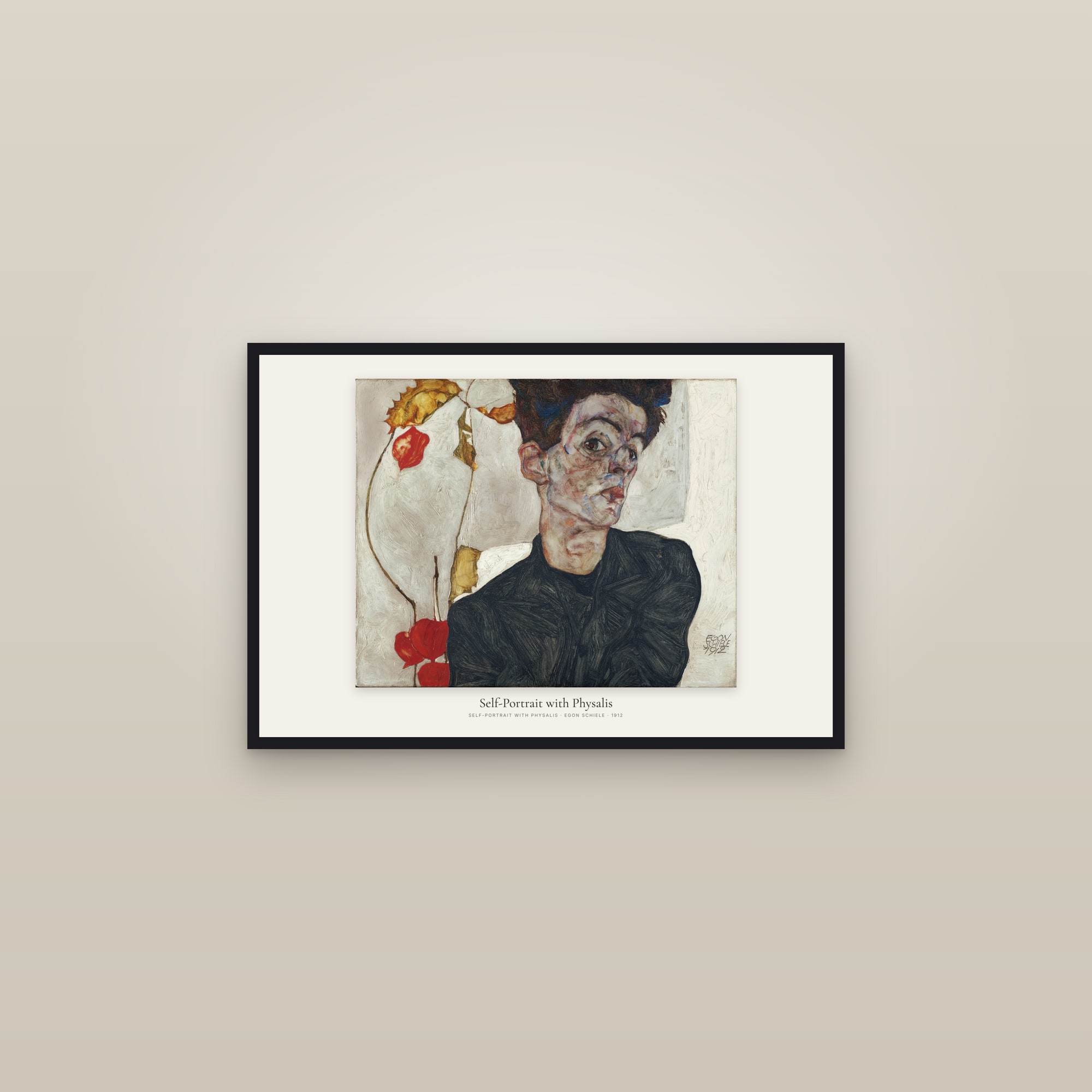 Self-Portrait with Physalis — framed in a gallery setting