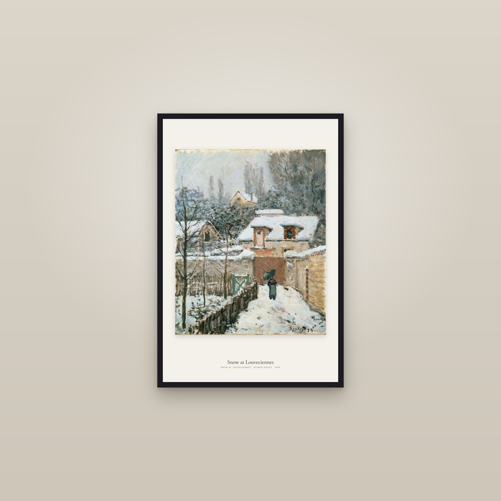 Snow at Louveciennes — framed in a gallery setting