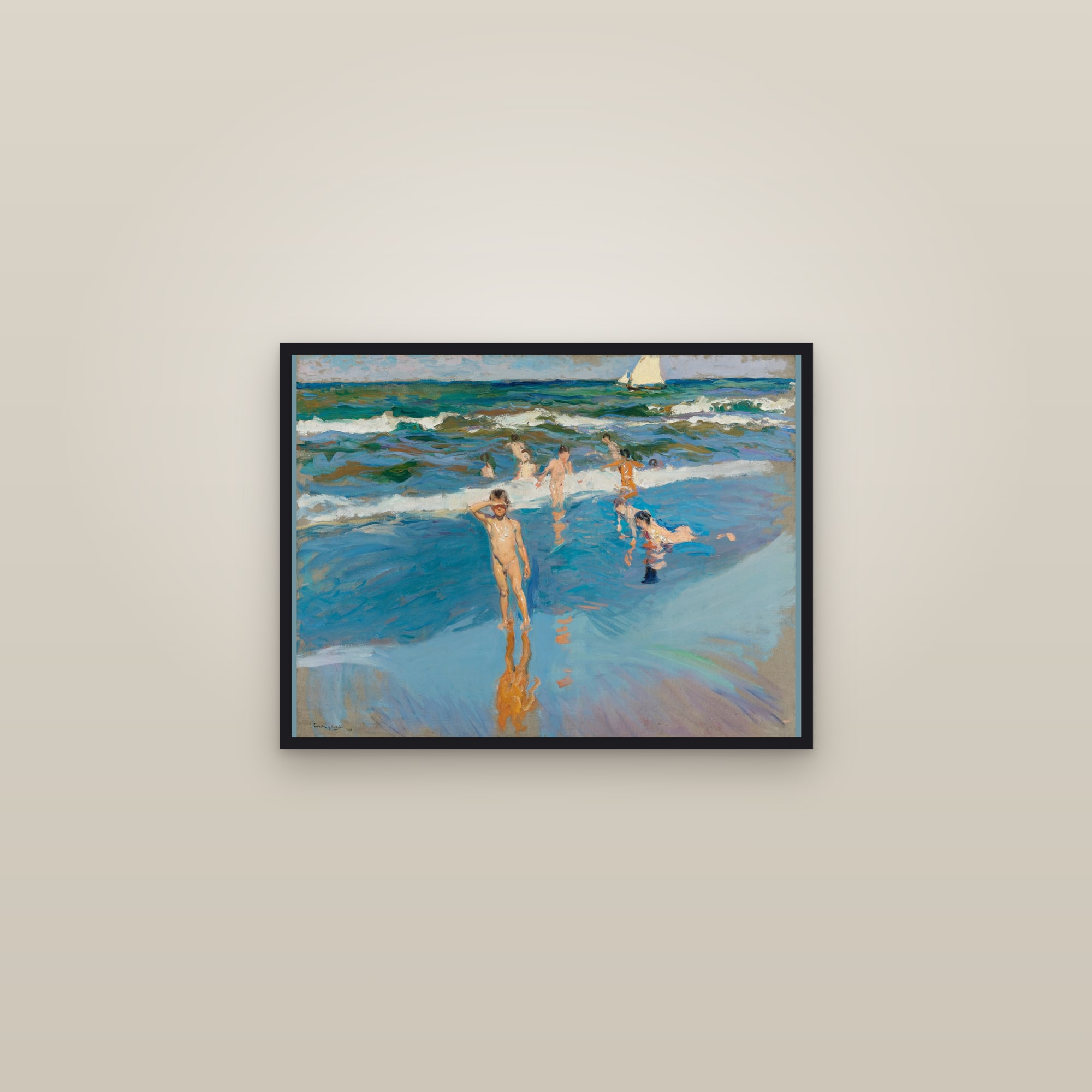 Children in the Sea, Valencia Beach (Niños en el Mar) — Full-Bleed Edition — framed in a gallery setting