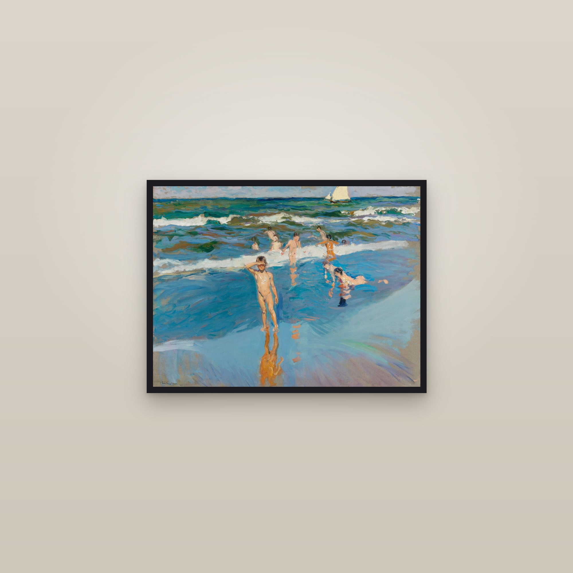Children in the Sea, Valencia Beach (Niños en el Mar) — Full-Bleed Edition — framed in a gallery setting