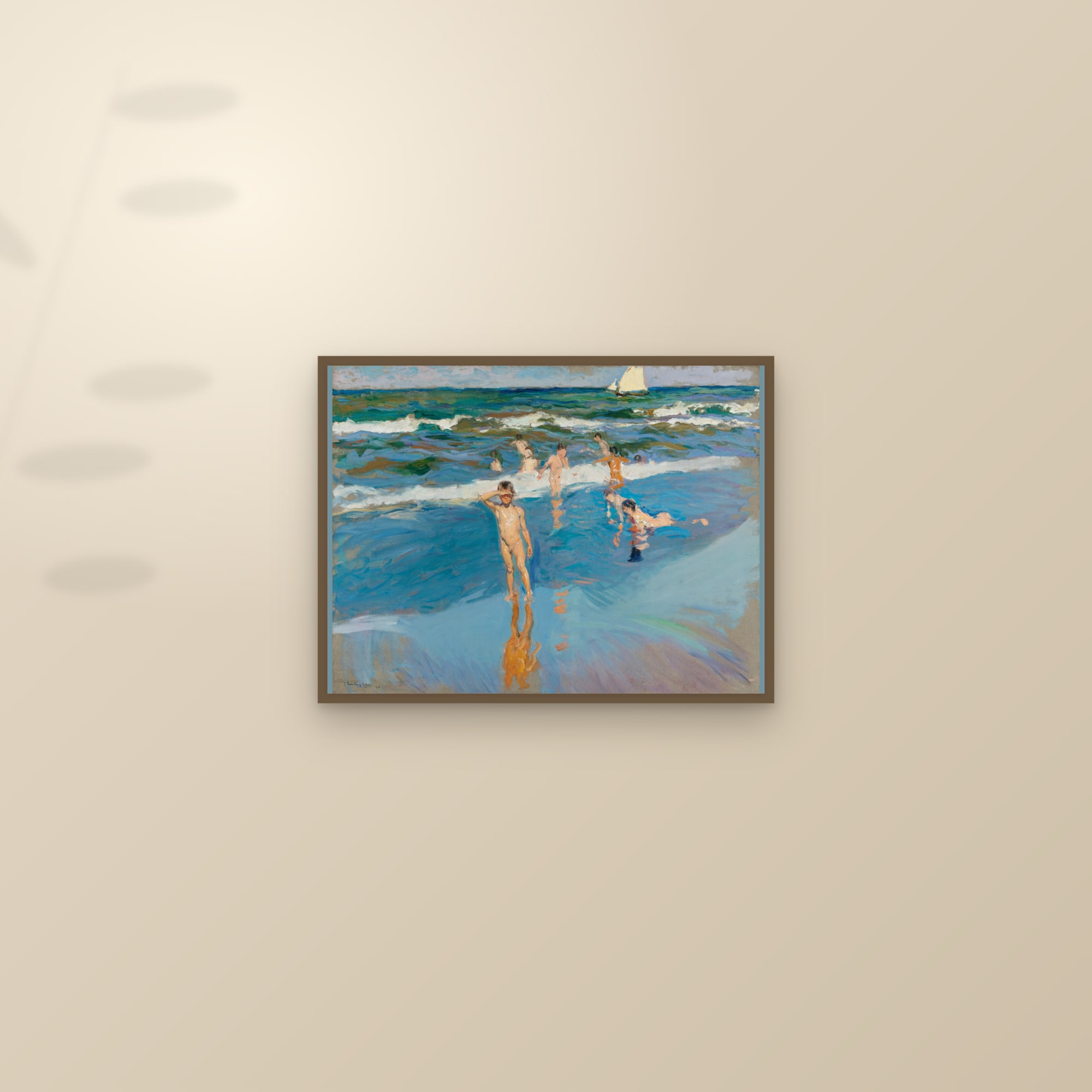 Children in the Sea, Valencia Beach (Niños en el Mar) — Full-Bleed Edition — framed and styled on a sunlit wall
