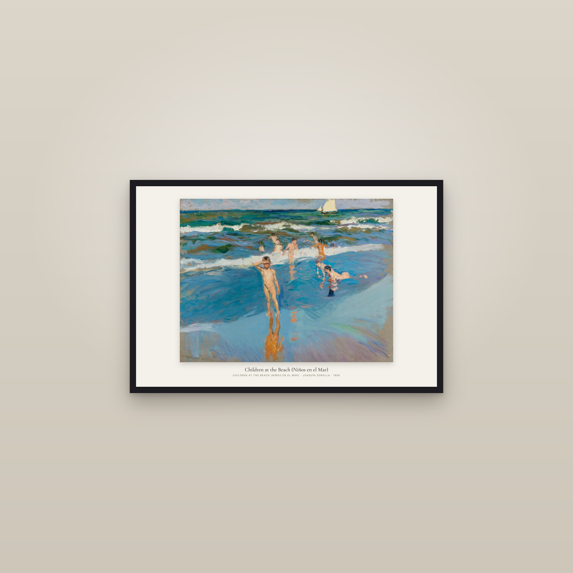 Children at the Beach (Niños en el Mar) — framed in a gallery setting