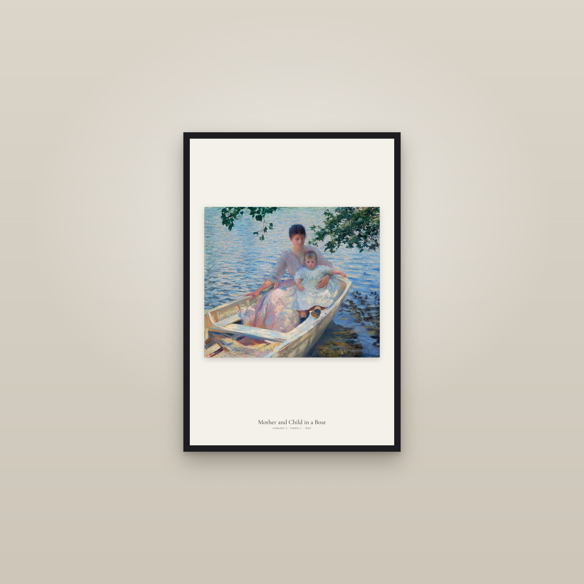 Mother and Child in a Boat — framed in a gallery setting