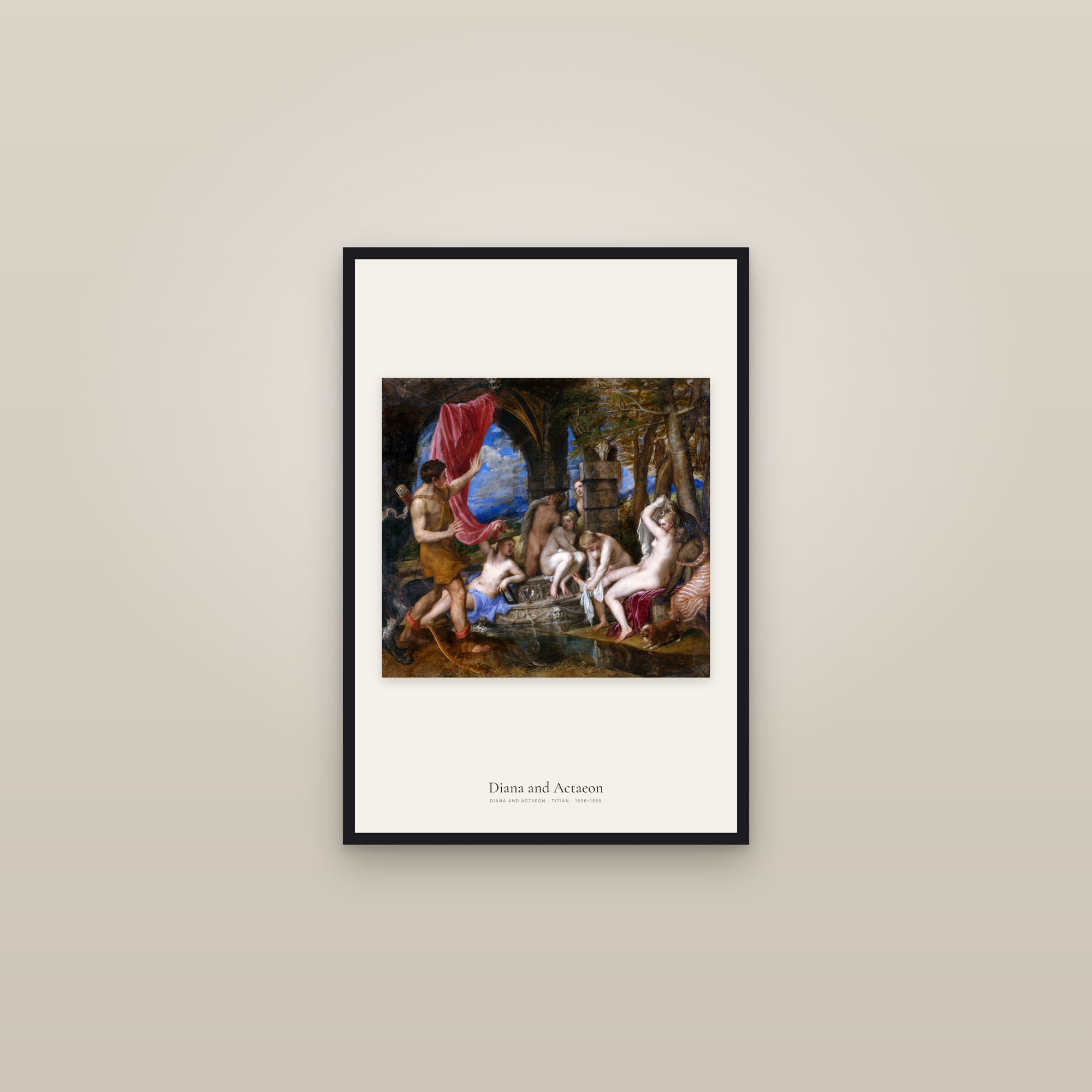 Diana and Actaeon — framed in a gallery setting