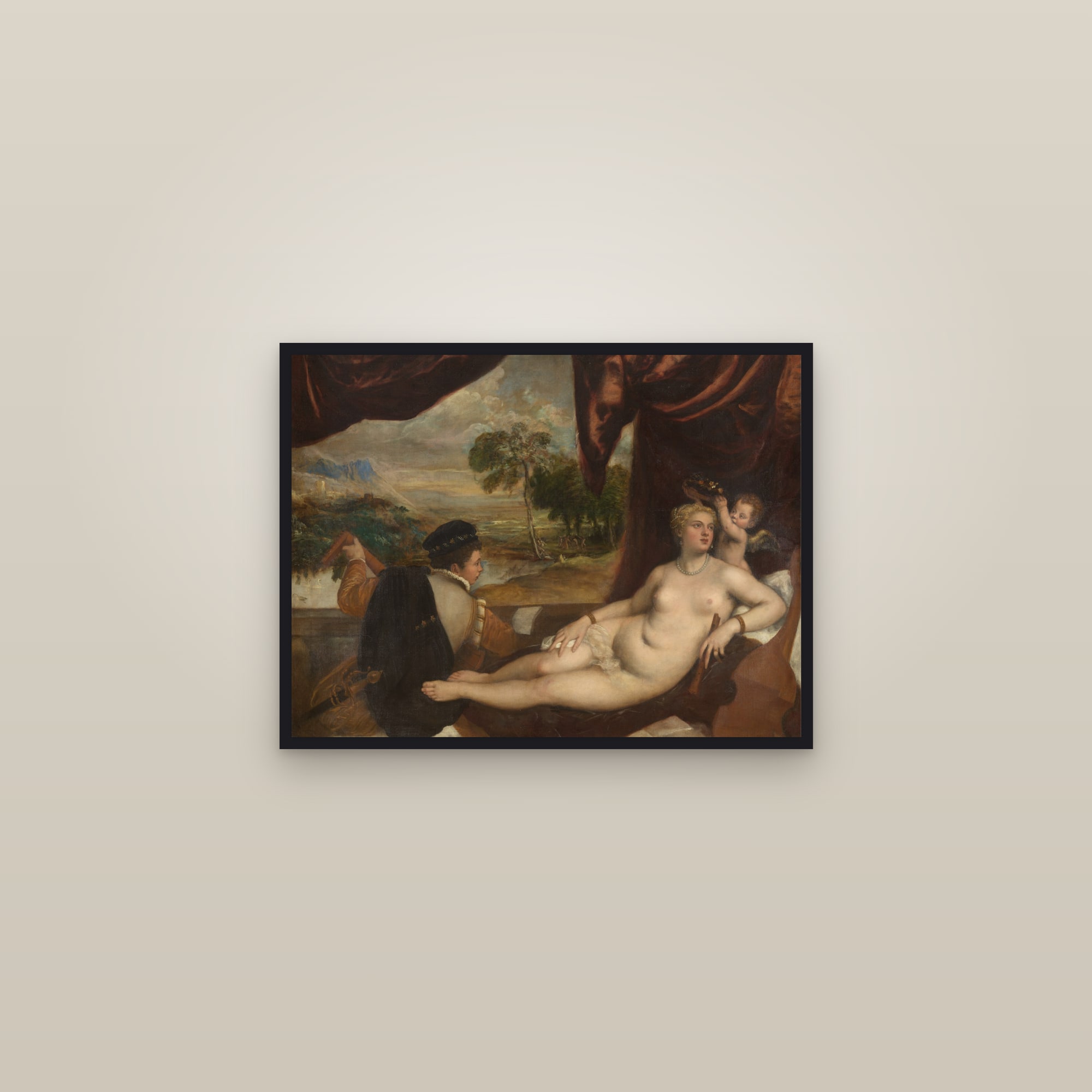 Venus and the Lute Player (Full) — Full-Bleed Edition — framed in a gallery setting