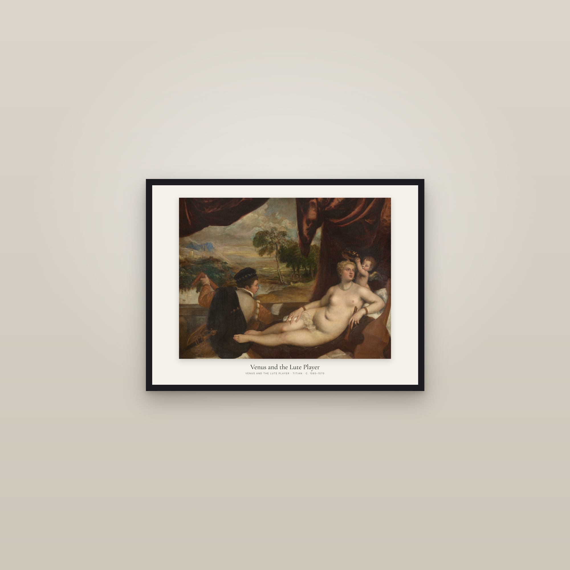 Venus and the Lute Player — framed in a gallery setting
