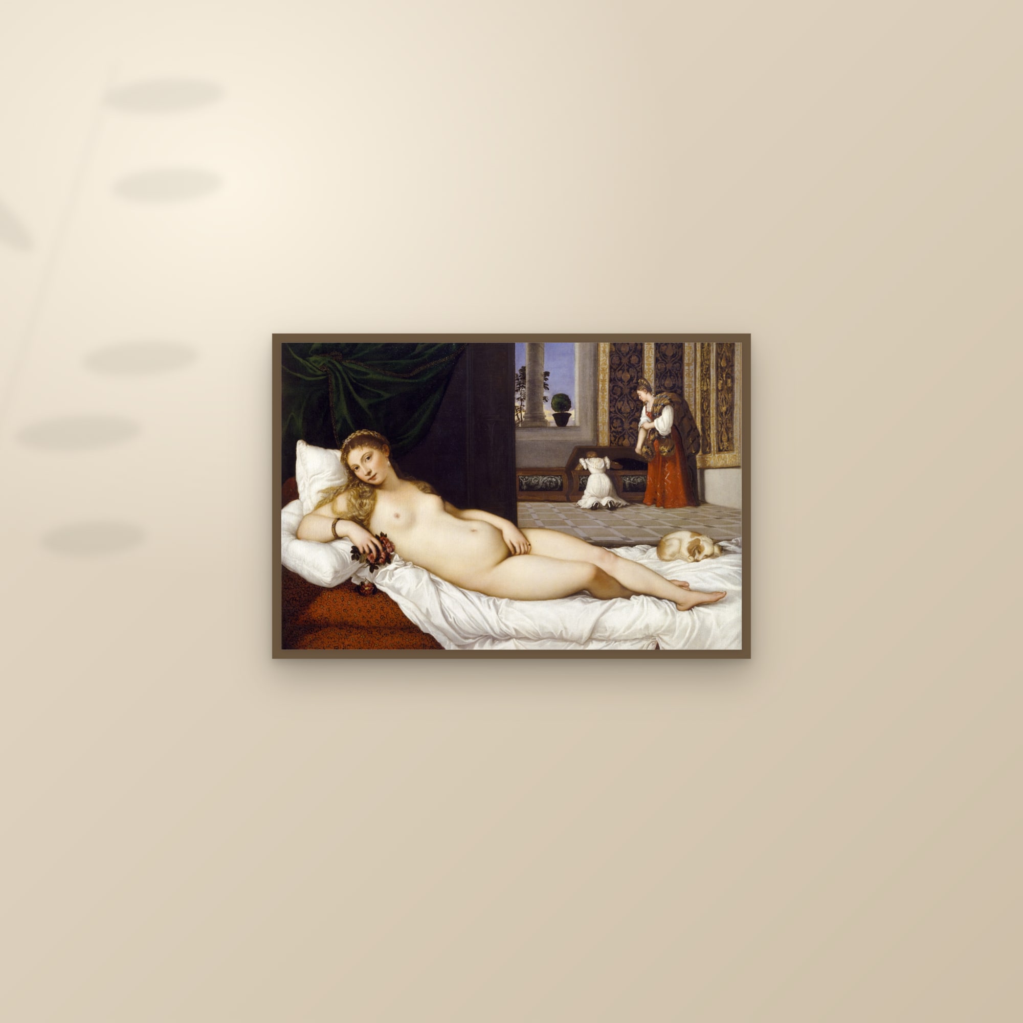 Venus of Urbino (Full) — Full-Bleed Edition — framed and styled on a sunlit wall
